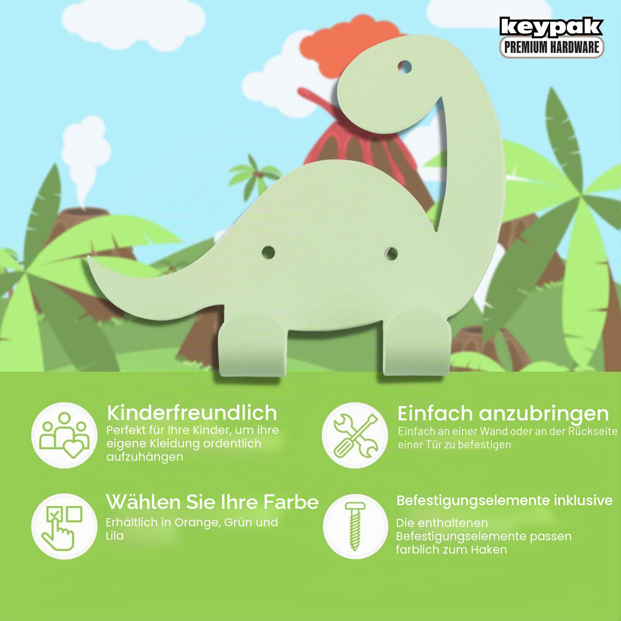 Keypak Kinder-Dinosaurier-Doppel-Kleiderhaken, Tür-Wandmontage, Metall, dekorative Haken für Jungen und Mädchen, Kleinkind-Schlafzimmer oder Baby-Kinderzimmer – farblich passende Befestigungen