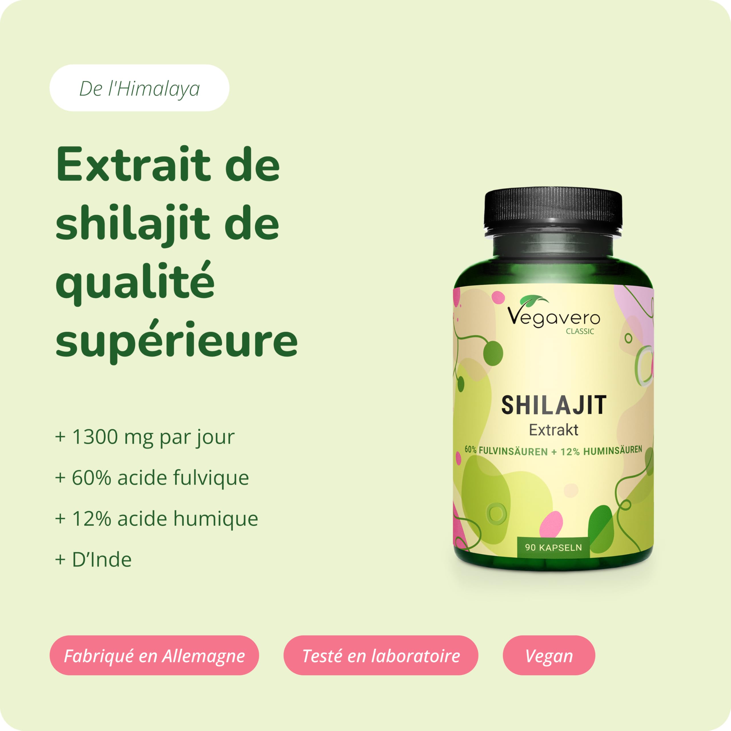 Shilajit Pure 78.000 mg Vegavero® | Extrait 60:1 | 60% Acides Fulviques + 12% Humiques | Résine de l'Himalaya | Energie + Immunité + Antioxydant | 90 Gélules | VEGAN & Sans Additifs