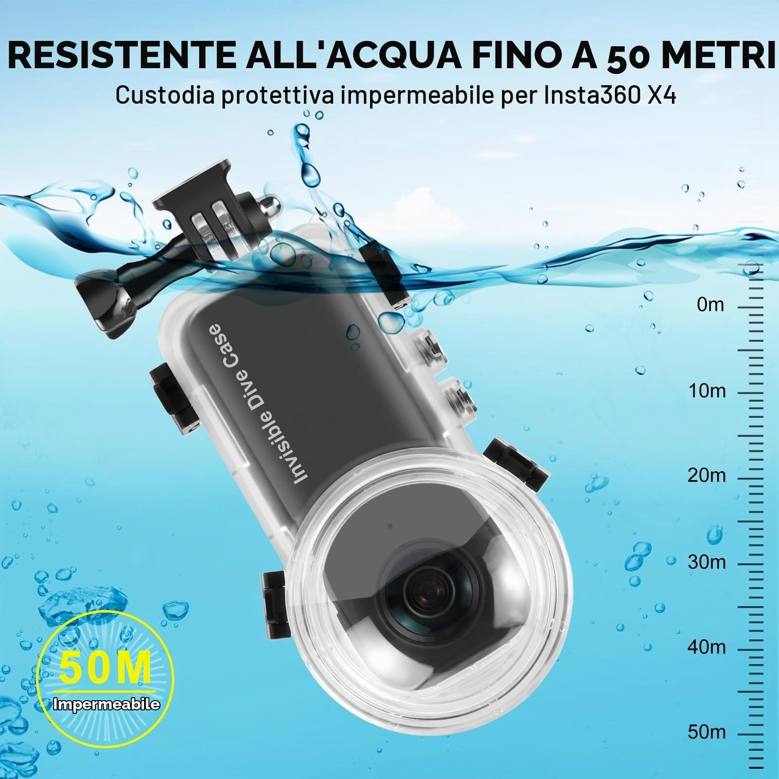 Custodia invisibile per Insta360 X4, PULUZ 50 m, custodia impermeabile subacquea per Insta 360 X4, custodia protettiva con accessori