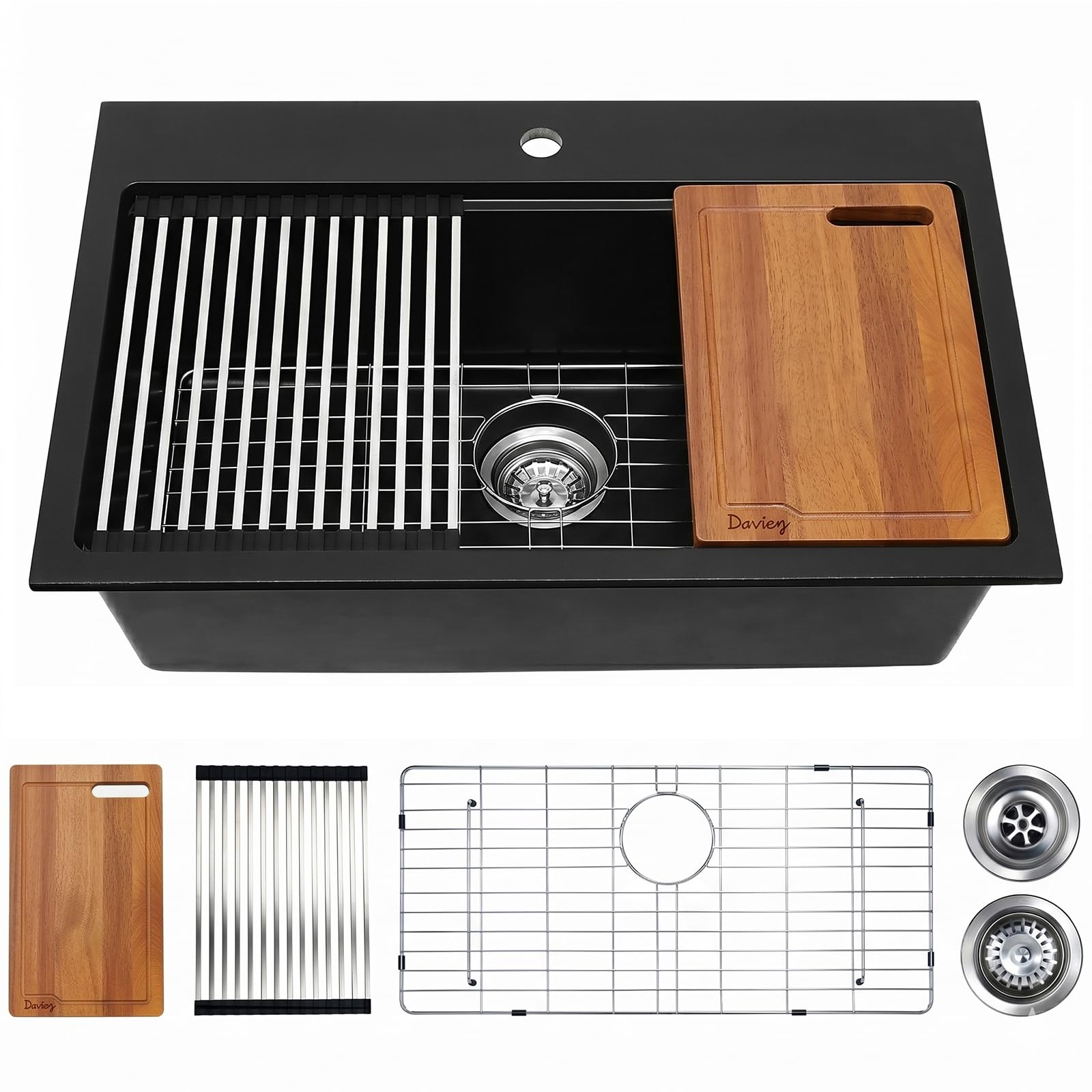 Photo 1 of Davivy 30 Inch Black Granite Composite Kitchen Sink Workstation, Quartz Top mount/Drop In Kitchen Sink, Single Bowl Design with Accessories
