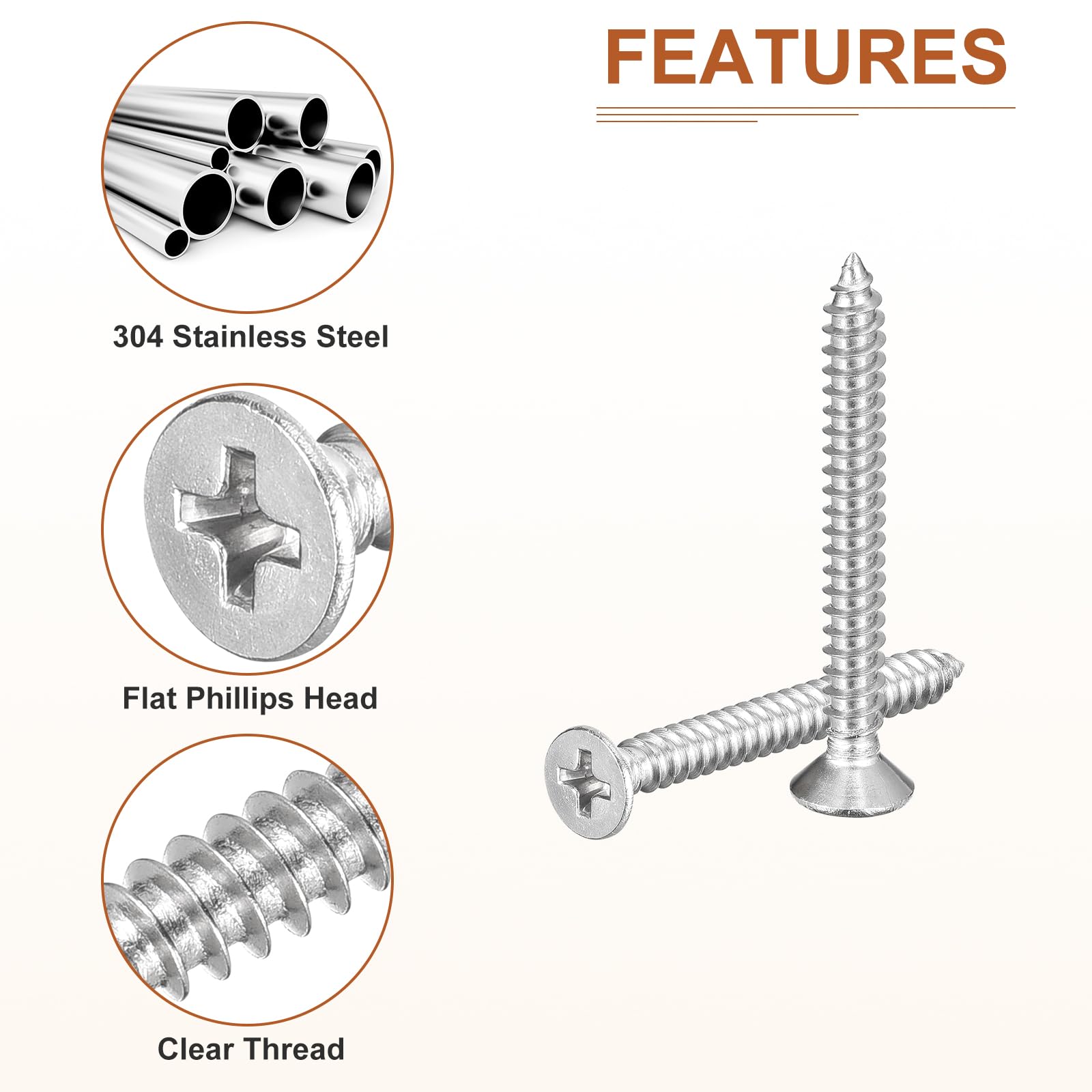 DTGN 100Pcs #8x1-3/8" Flat Head Wood Screws, 304 Stainless Steel Phillips Self Tapping Screws - Good for Woodworking Furniture - Silver - Image 4