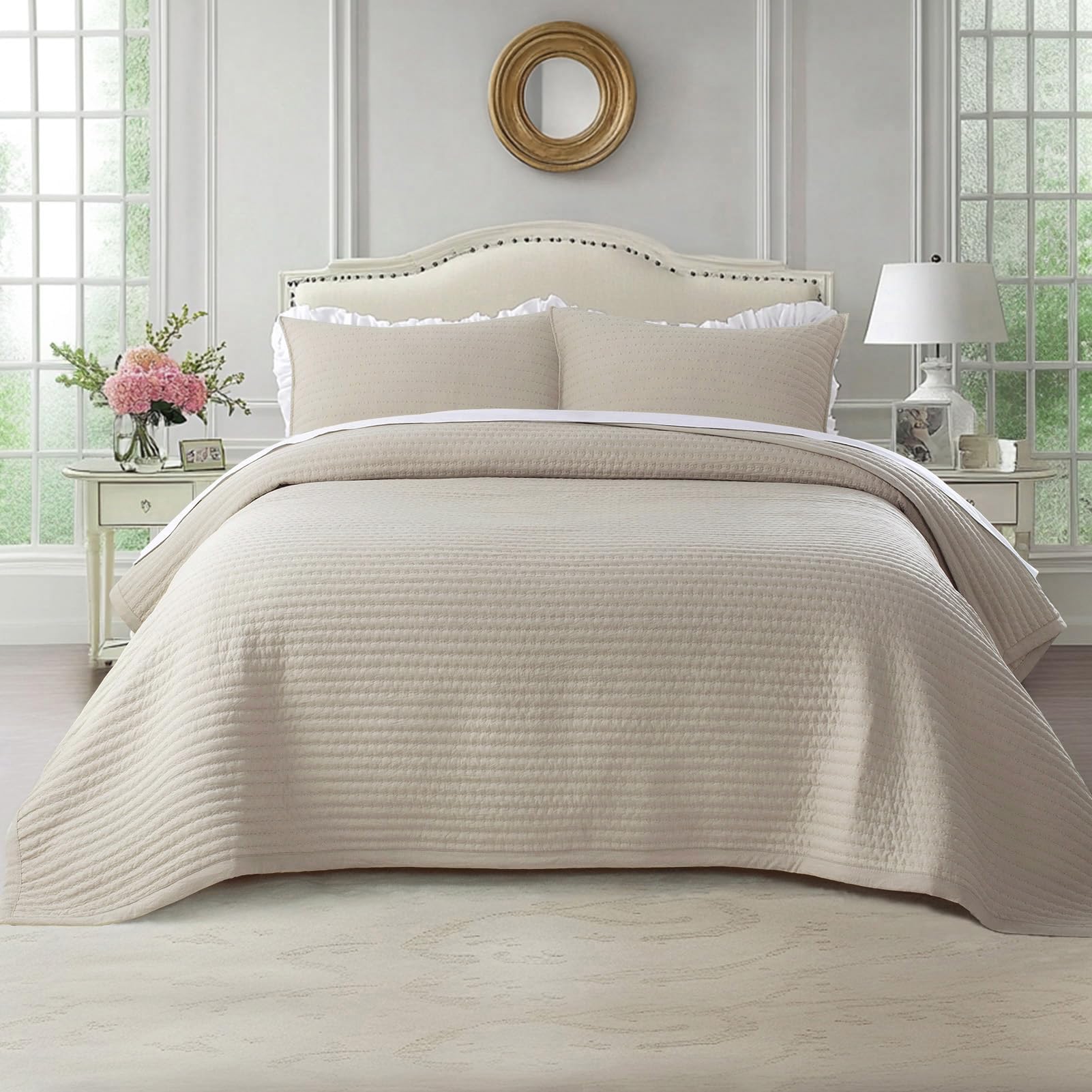 KASENTEX Quilt Mini Set-Stone Washed-Super Soft Bedspread-Light Weight-White Down Alternative Microfiber Fill-Machine Washable-Solid Colors, 2 Shams, Camel, King + 2 King