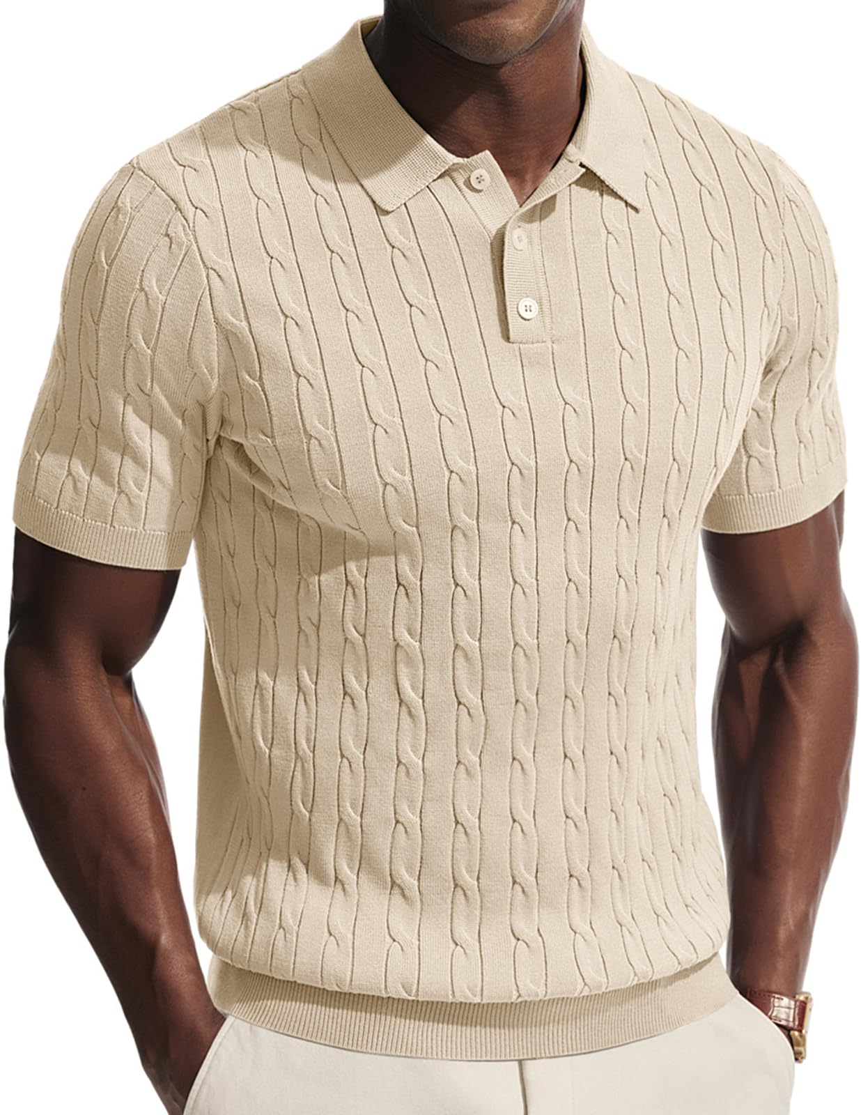 Men's Polo Shirts Short Sleeve Textured Cable Knit Shirts Casual Stretchy Golf Polo Stylish Old Money Tops