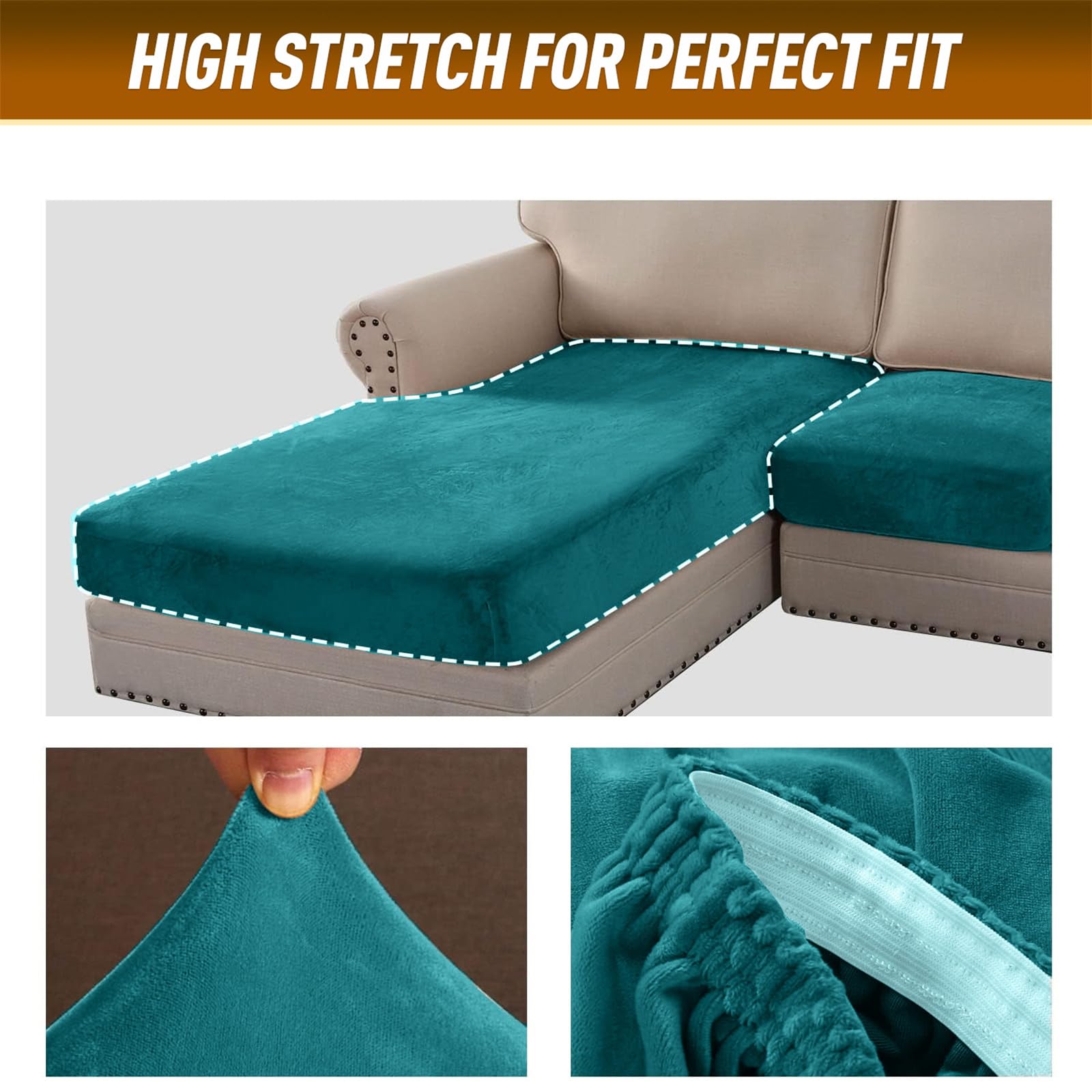 Stretch Velvet Sofa Seat Cover High Elastic Cushion Cover Sofa Cushion Furniture Cover Sofa Seat Cover Cushion Covers (Large 1 Seater, Turquoise Blue) - 5