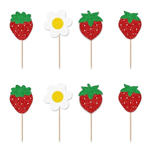 TSJ 16PCS Strawberry Cupcake Toppers Glitter Cupcake Picks Fruit Sticks