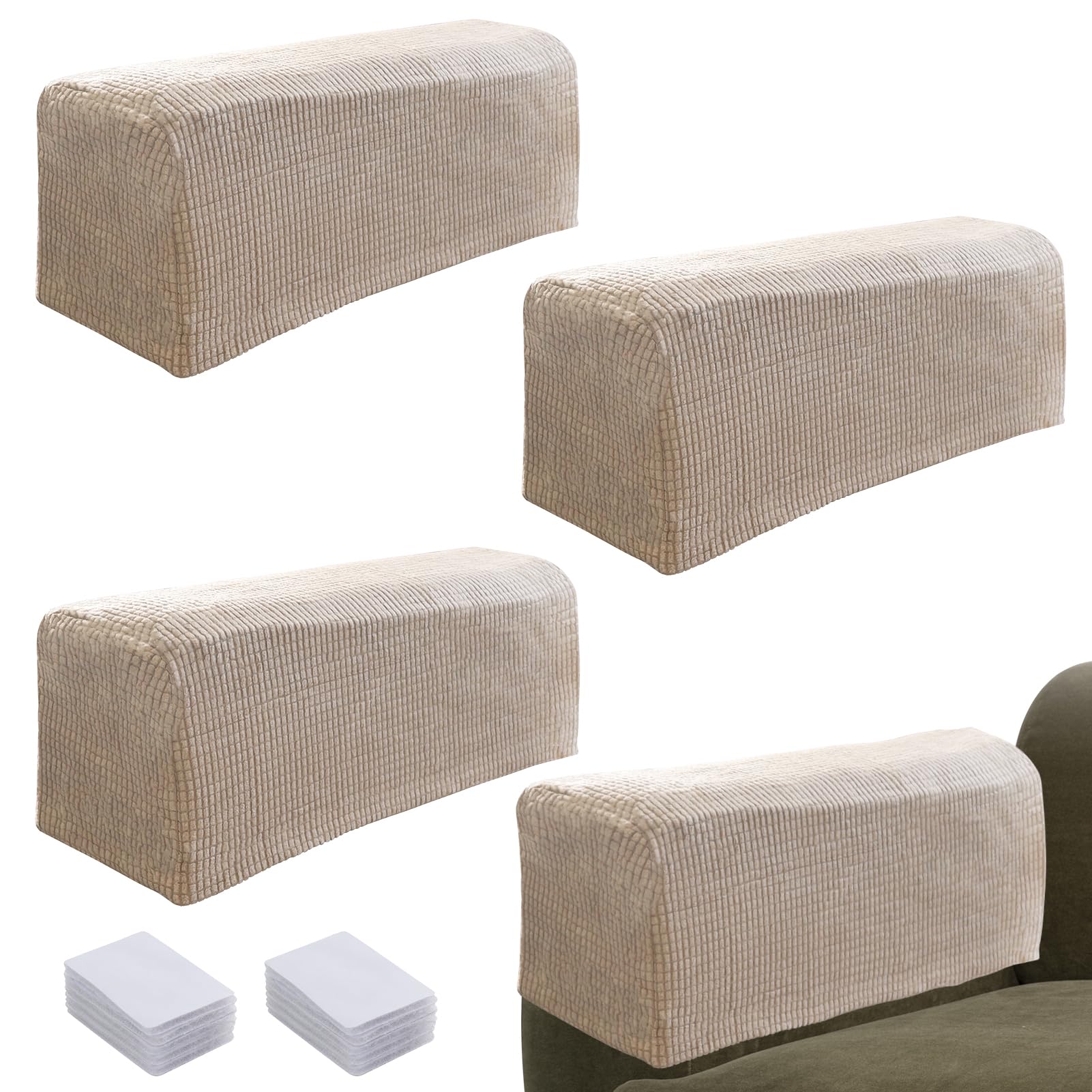 4 Pcs Armrest Chair Covers With 20 Set, Stretch Armchair Covers for Arms, Sofa Armrest Protectors for Armchairs, Stretch Covers for Arms for Chairs Furniture Sofa Couches Recliner (Sandy)