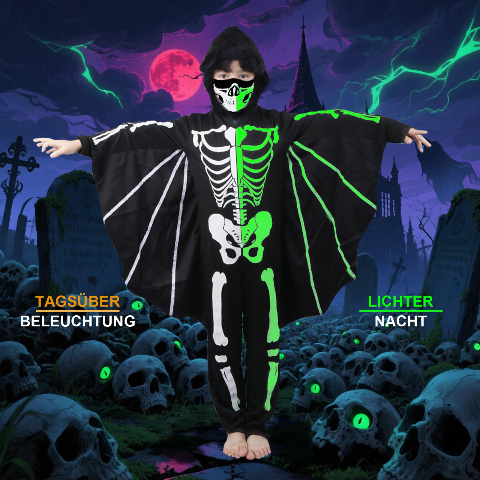Joxessaien Children's Bat Skeleton Costume, Halloween Costume with Hood & Wings, Glow in the Dark - Image 2