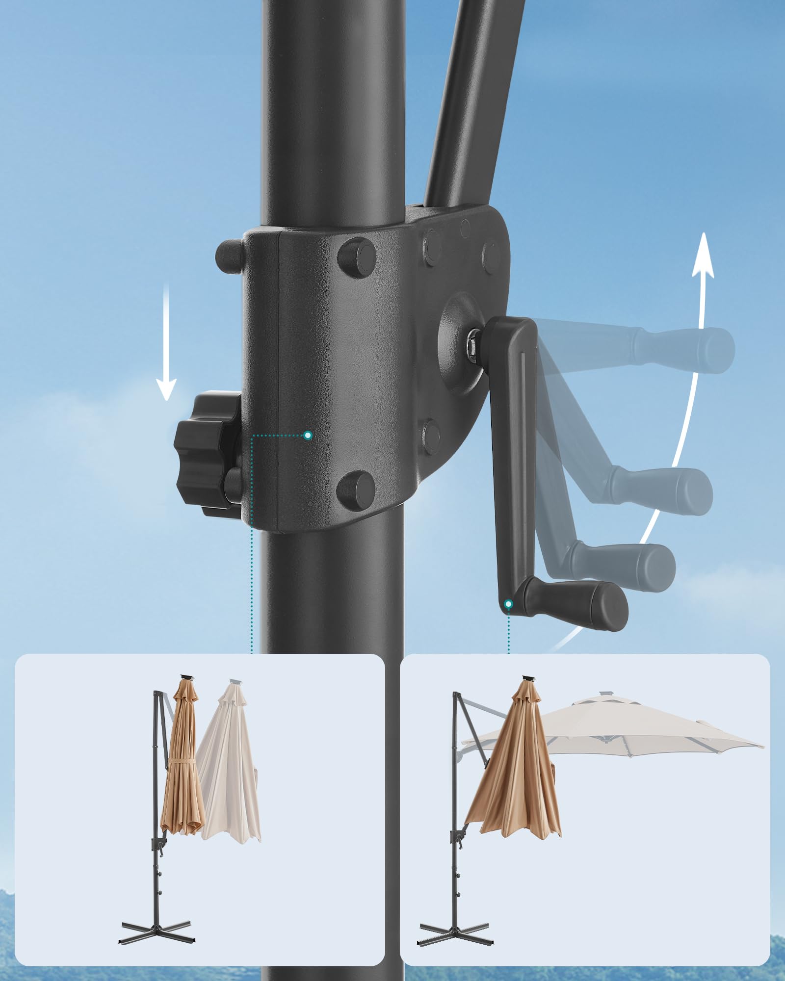 SONGMICS Parasol przeciwsłoneczny z oświetleniem solarnym LED, parasol ogrodowy, 32 diody LED, Ø 300 cm, ze stojakiem, ochrona przed promieniowaniem UV do UPF 50+, z korbą, do ogrodu, na taras