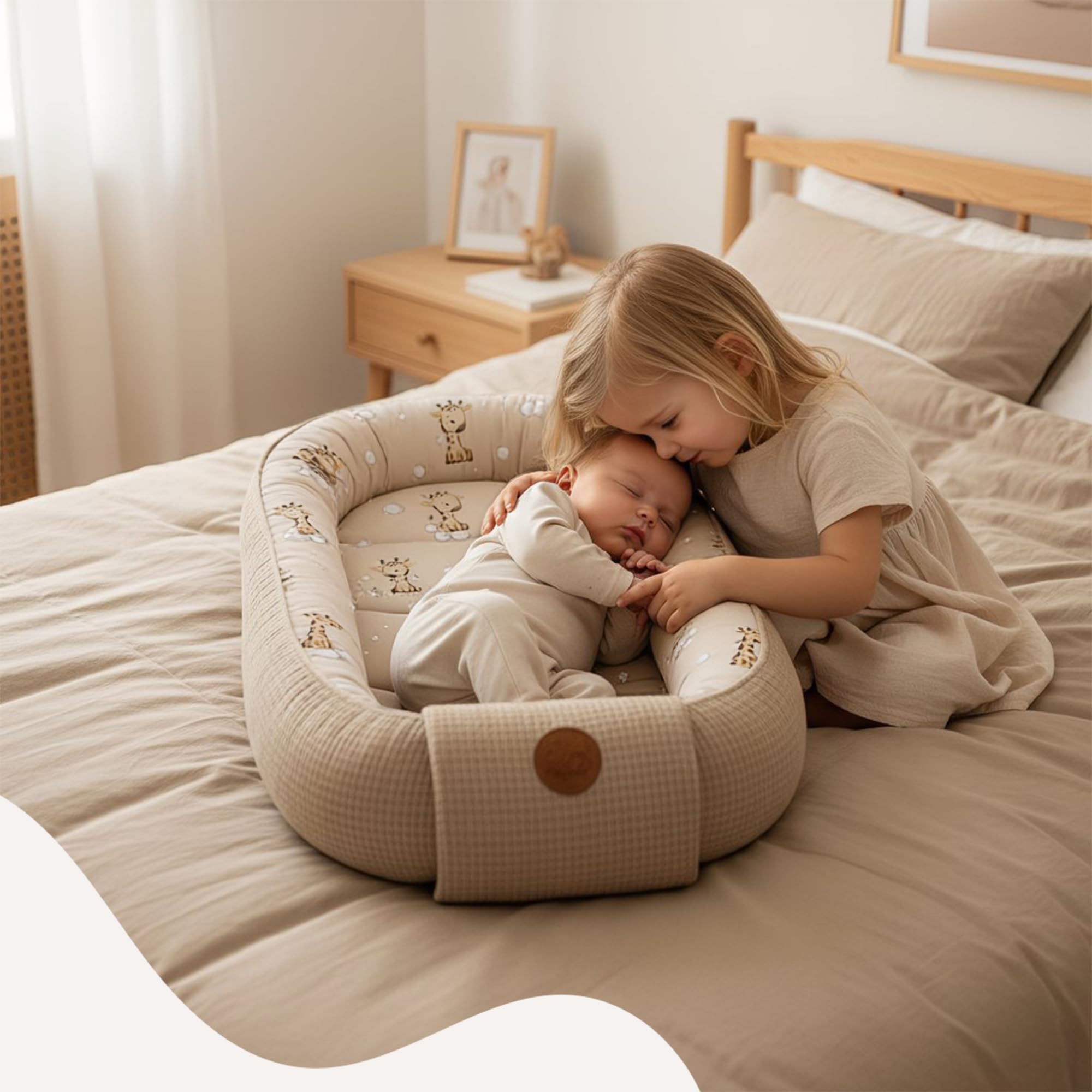 Kokon XL z zakładką i naszywką Totsy Baby Żyrafy + beżowy Wafel 65X120