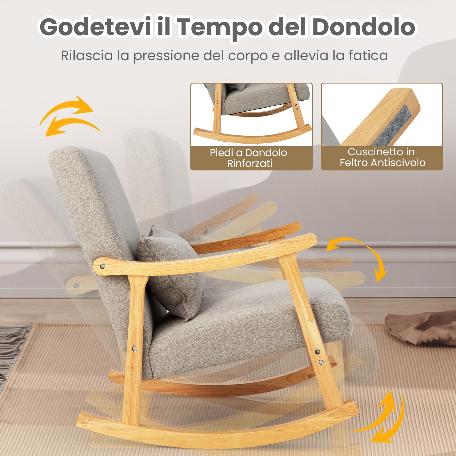 COSTWAY Sedia a Dondolo con Cuscino, Poltrona Dondolo Interno Ergonomica con Schienale Alto, Seduta Imbottito, in Legno di Gomma, per Soggiorno e Camera da Letto (Grigio)