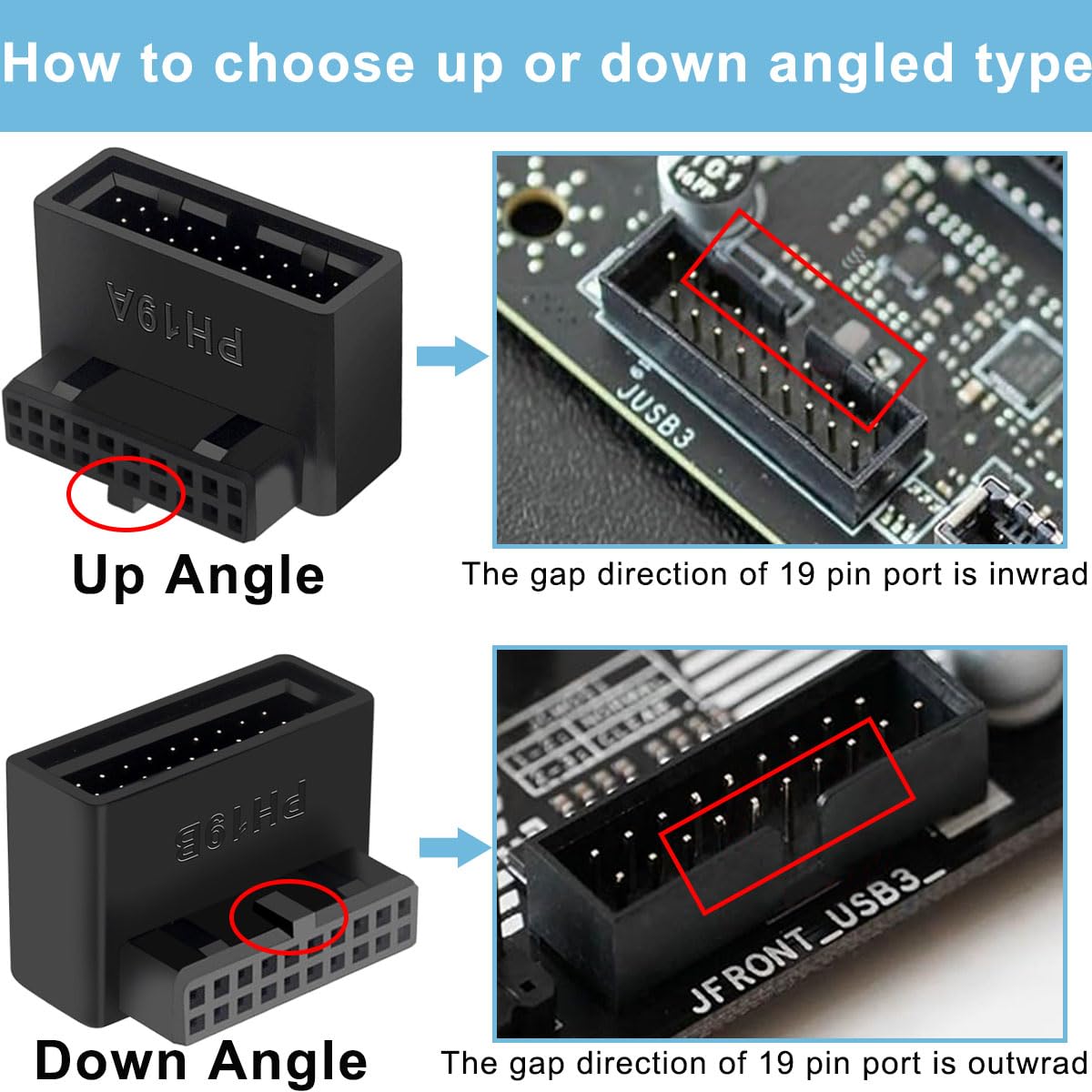 2 szt. Płyta główna USB 3.0 19/20 Pin 90 Degree Adapter, męski do żeńskiego typu L Turn Right Angle Socket Extension Adapter, do płyty głównej komputera stacjonarnego (Down Angle PH19B)