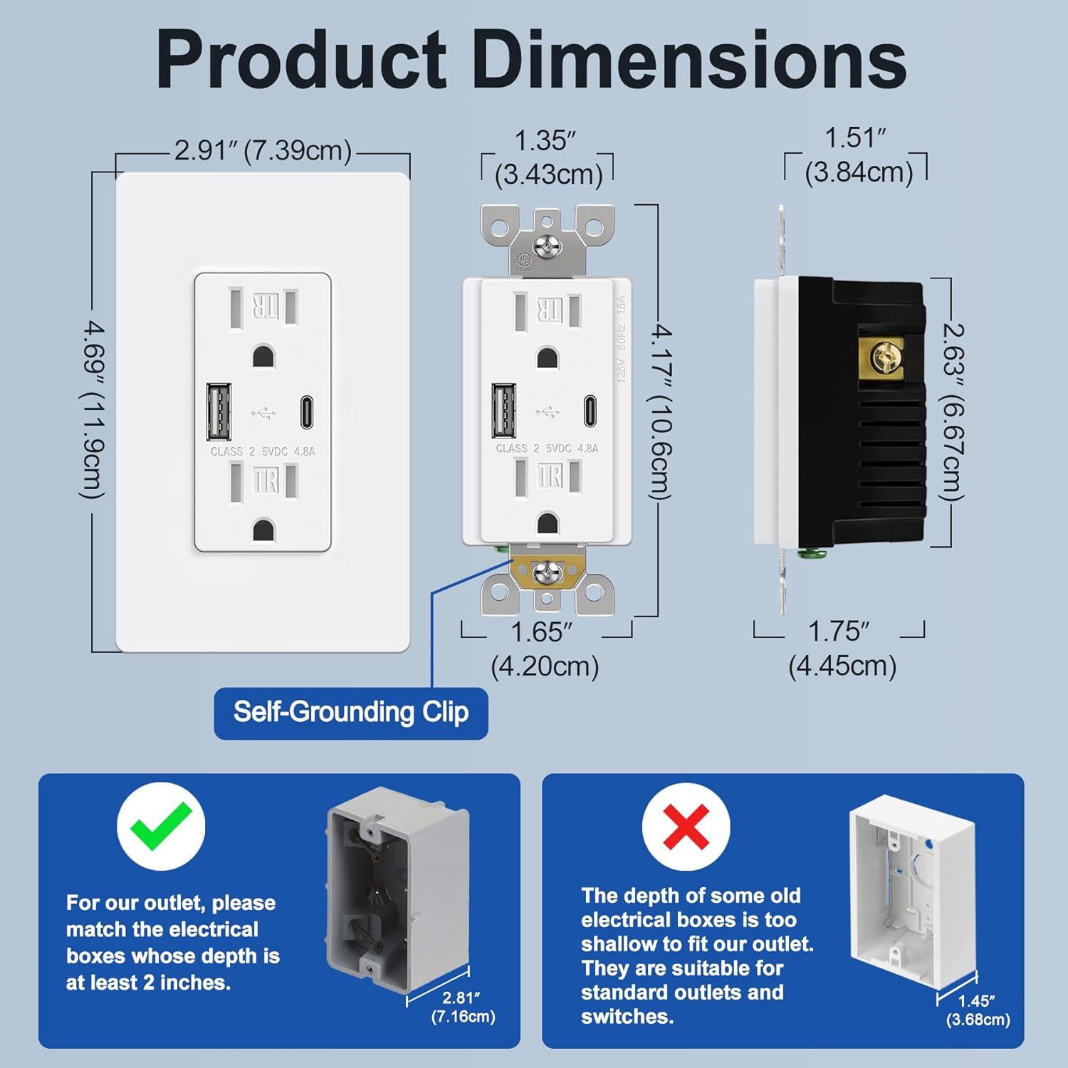Diagram showing the product dimensions of the BESTTEN USB Wall Outlet, including front, side, and depth measurements, and a note about required electrical box depth.