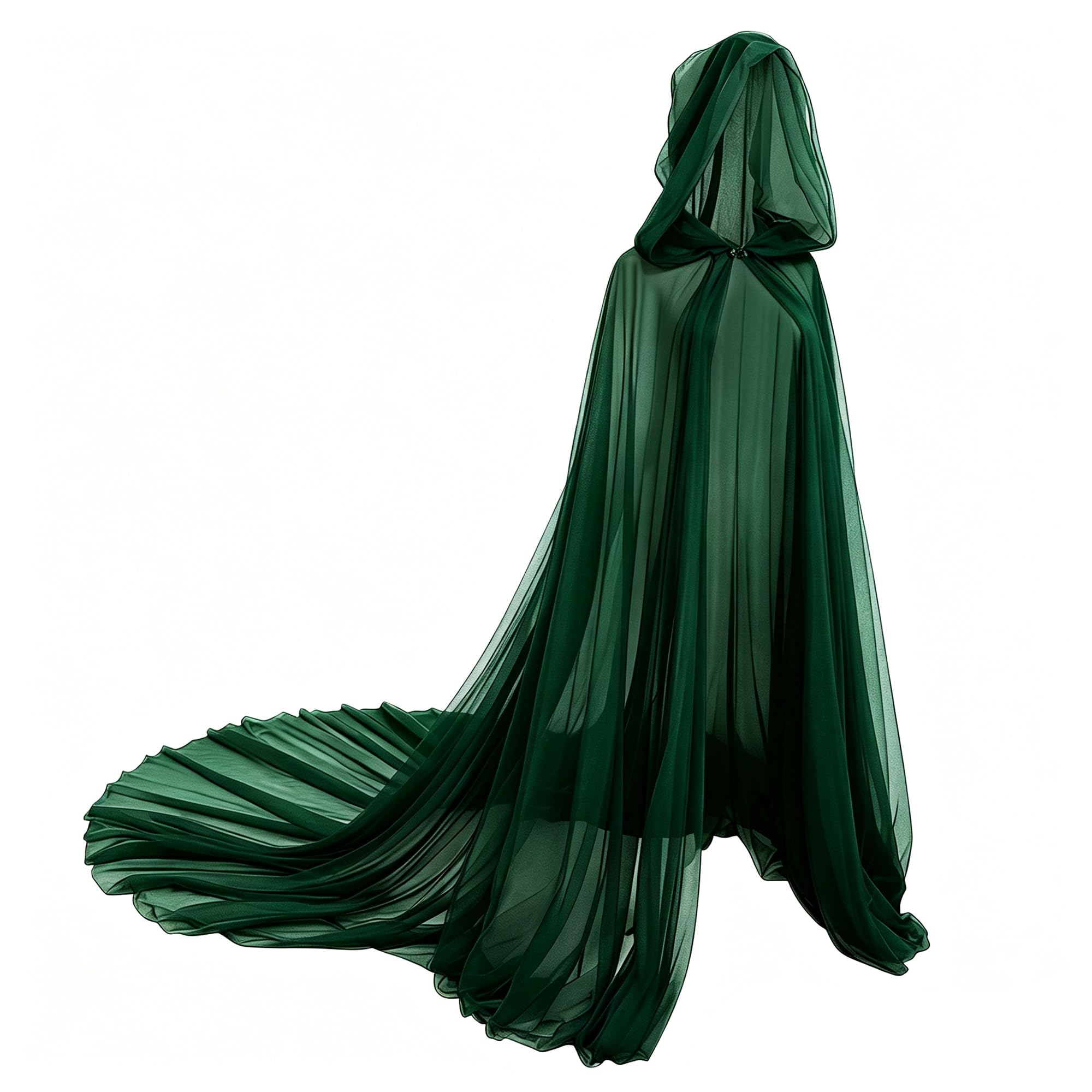 FakeFace Women Tulle Hooded Cloak Wedding Bridal Dress Robe Vampire Witch Elf Full Length Cape with Hood Halloween Cosplay Costume (Green-2 Layers)