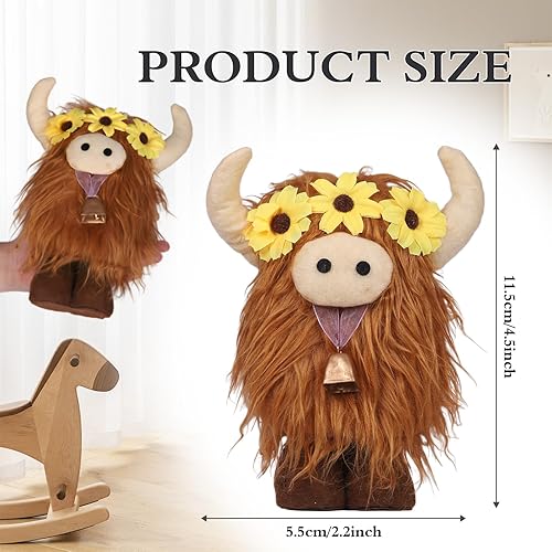 Miniatura 2 de Blivergowell 3 gnomos de vaca de las tierras altas con flores, campana, decoración de cocina, gnomos de granja para el hogar para mujeres