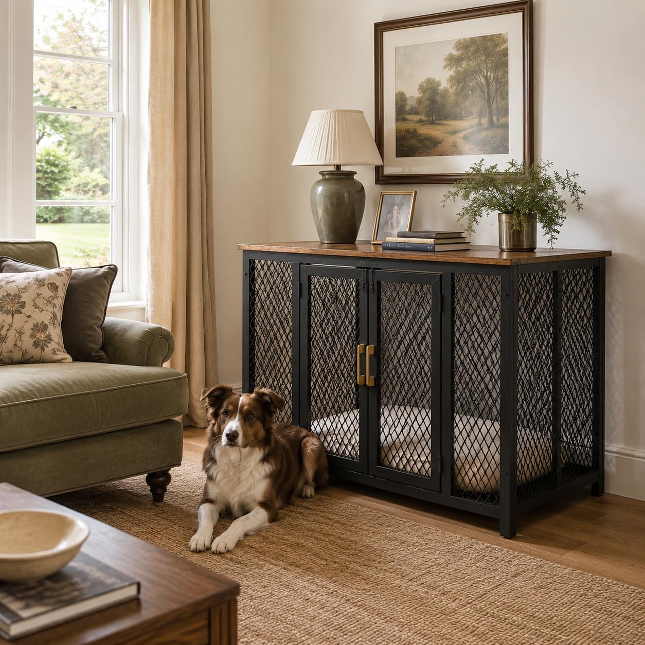 GarveeMore 48 Inch Dog Crate Furniture with Top Opening, Heavy Duty Wooden Indoor Dog Kennel & End Table for Medium to Large Dogs, Robust Escape Proof Pet Cage with 100kg Load Capacity, Rustic Brown