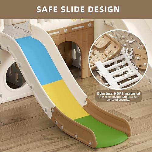 Miniatura 4 de XJD Juego de tobogán 9 en 1 para niños pequeños, juego de doble tobogán de selva con aro de baloncesto, túnel y espacio de almacenamiento, tobogán