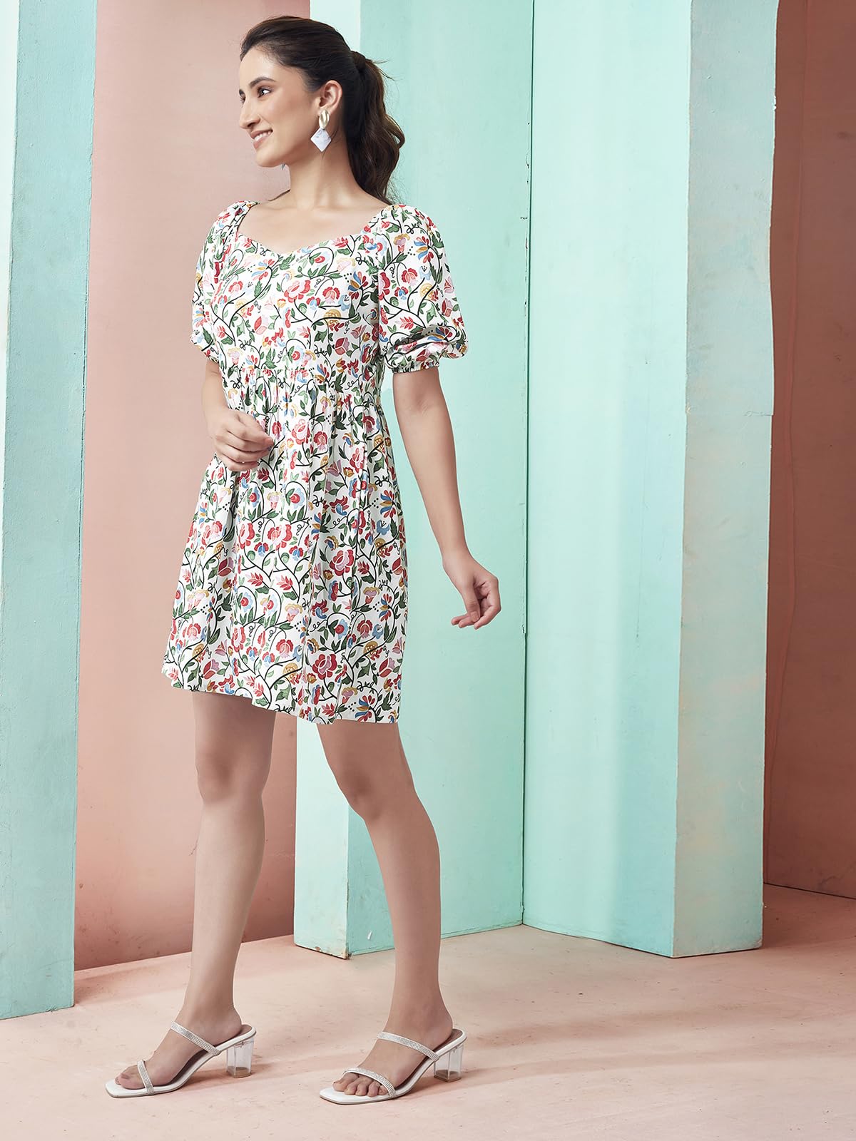 Selvia Western Dress For Women| Floral Printed Short Sleeve Crepe Western Dress For Women | Sweetheart Neck A-Line Dress For Women | One Piece Dress For Women (644Dtk655N-Xl_White & Multi)