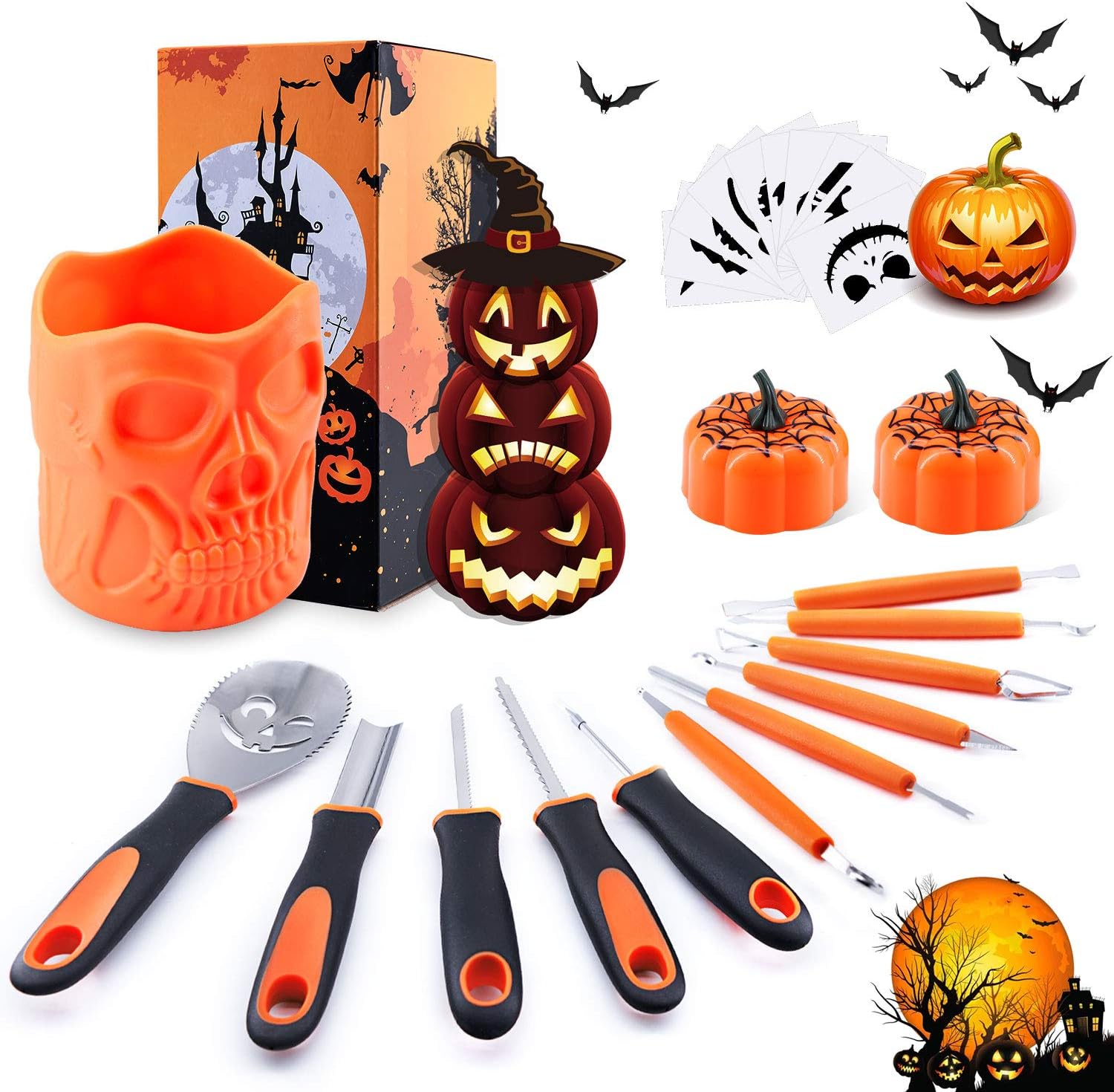 Halloween Pumpkin Carving Kit, BQYPOWER 24 Piece Professional Pumpkin Cutting Tools Set Pumpkin Lanterns Heavy Duty Stainless Steel Carving Tools for Pumpkin Jack-o-Lanterns, with Carrying Case (Orange)