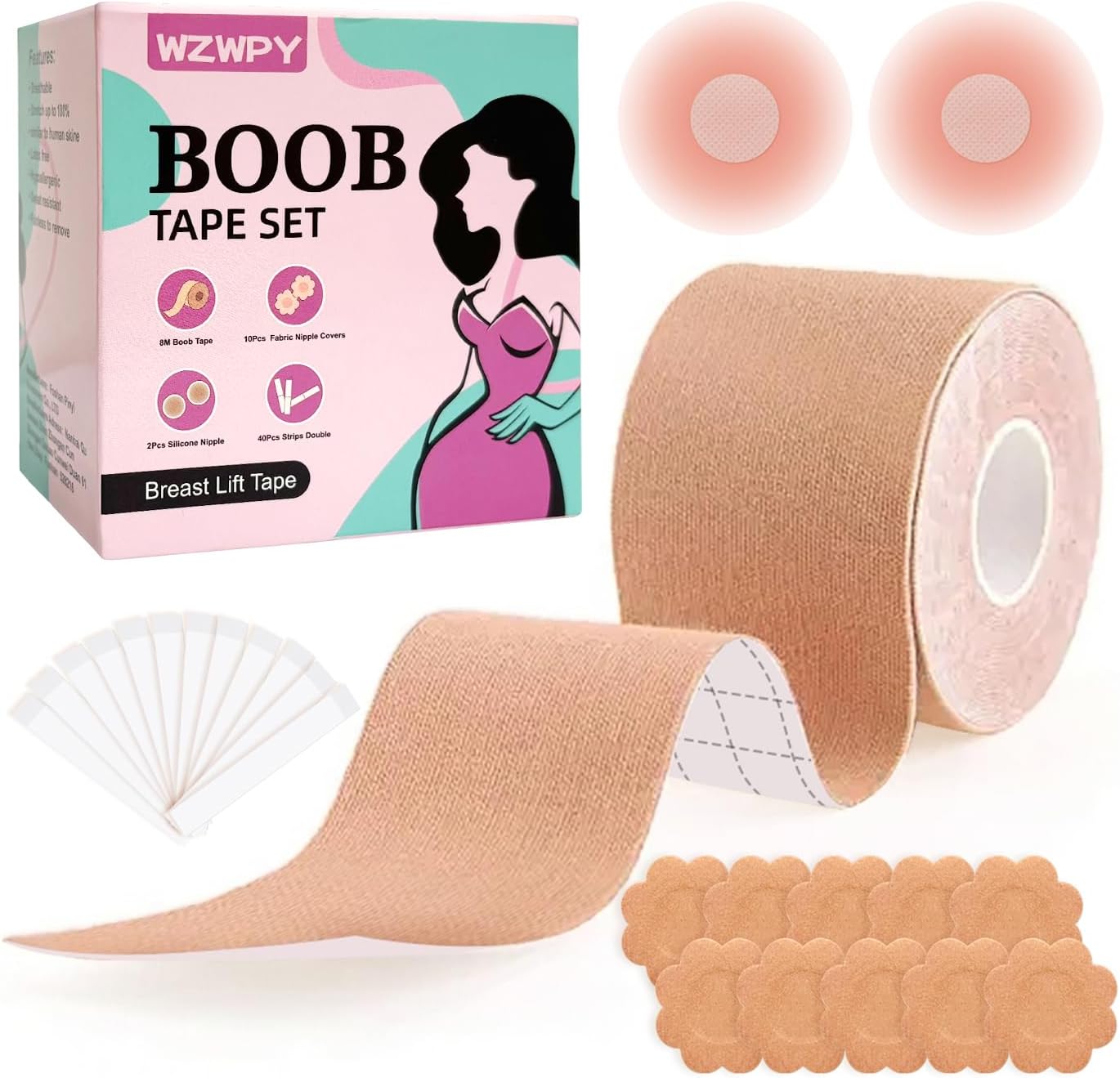 Boob Tape Kit for Women - 8M (26.3ft) Waterproof & Sweatproof Breast Lift Tape + 2 Reusable Silicone Nipple Covers - Ultimate Support for Strapless Dresses Beige