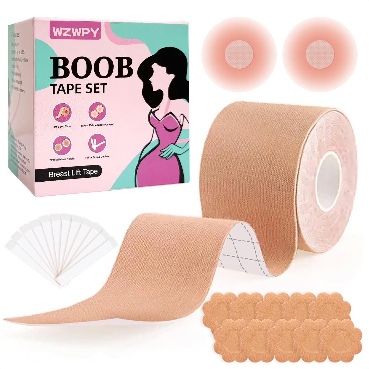 Wzwpy Women's Beige Breast Support Tape Kit For - 8 Metres (26.3Ft) Waterproof & Sweatproof Boob Lift Tape + 2 Reusable Silicone Nipple Covers - Secure Lift For Strapless Dresses And Tops