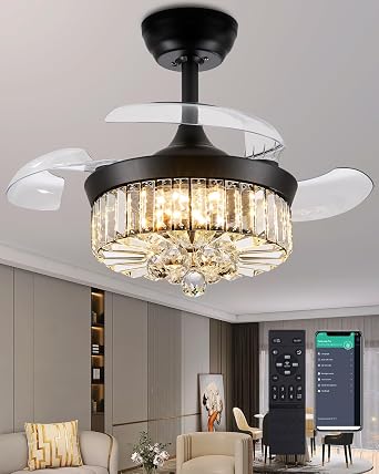 30 Inch Black Crystal Chandelier Ceiling Fan with Lights, Retractable Blade Dimmable Fandelier Ceiling Fans for Bedroom, Living Room