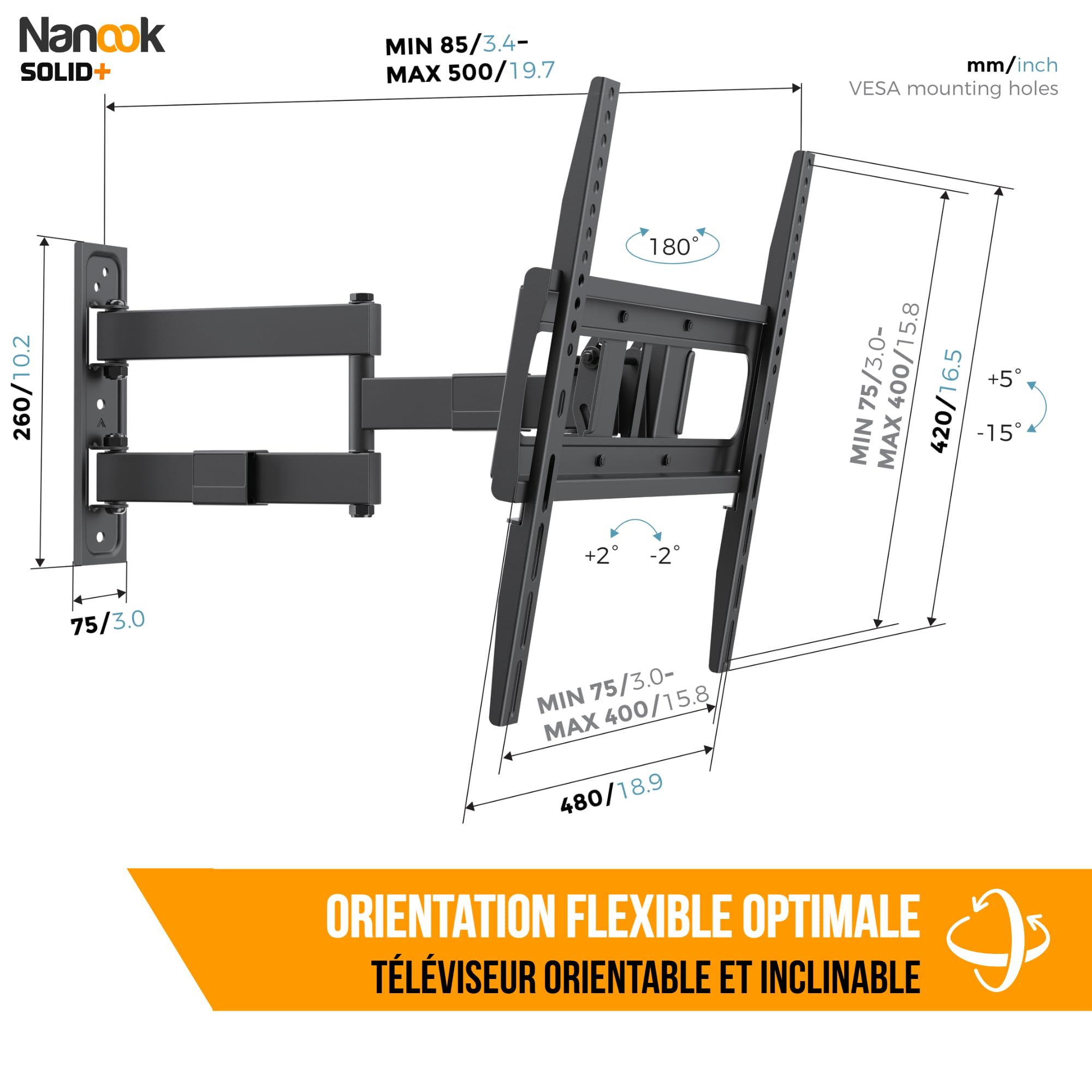 Nanook Solid+ Support Mural TV Pivotant Inclinable pour 32-65 Pouces