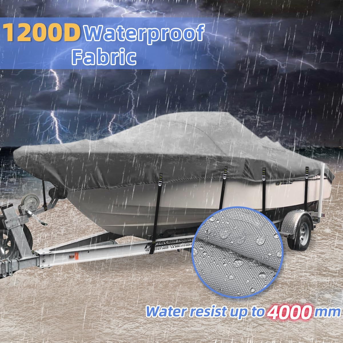 1200D Heavy-Duty V-Hull Boat Covers, Full Windproof Metal Fittings Waterproof UV-Proof Boat Cover Fits Tri-Hull, Runabout, 17'-19' Long, Beam Width up to 96"