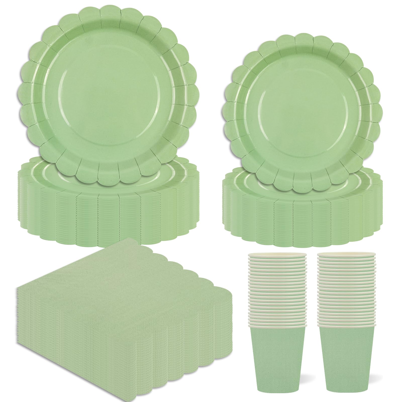 EVYIENEN Grün Partygeschirr,96 Stück Salbeigrün Pappteller Sets, Party Pappteller Becher Servietten Partyteller Partyset für Babypartys, Geburtstag, Hochzeiten