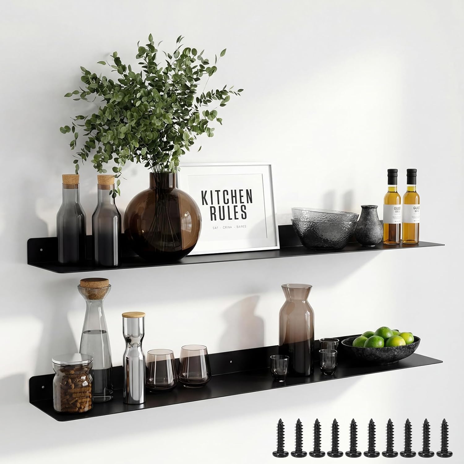 Moxweyeni 2 Pack Black Floating Shelf for Wall Heavy Duty Carbon Steel Shelves 48 x 8 Inch Metal Wall Mounted Modern Rustic Farmhouse Designed Shelf for Kitchen Bathroom Garage, Smooth Coated