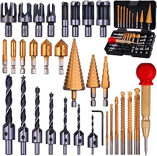 Rocaris 32 Pack Woodworking Chamfer Drilling Tools, Including Countersink Drill Bits, L-Wrench, Wood Plug Cutter, Step Bit, Center Punch, Cutting Twist Bits