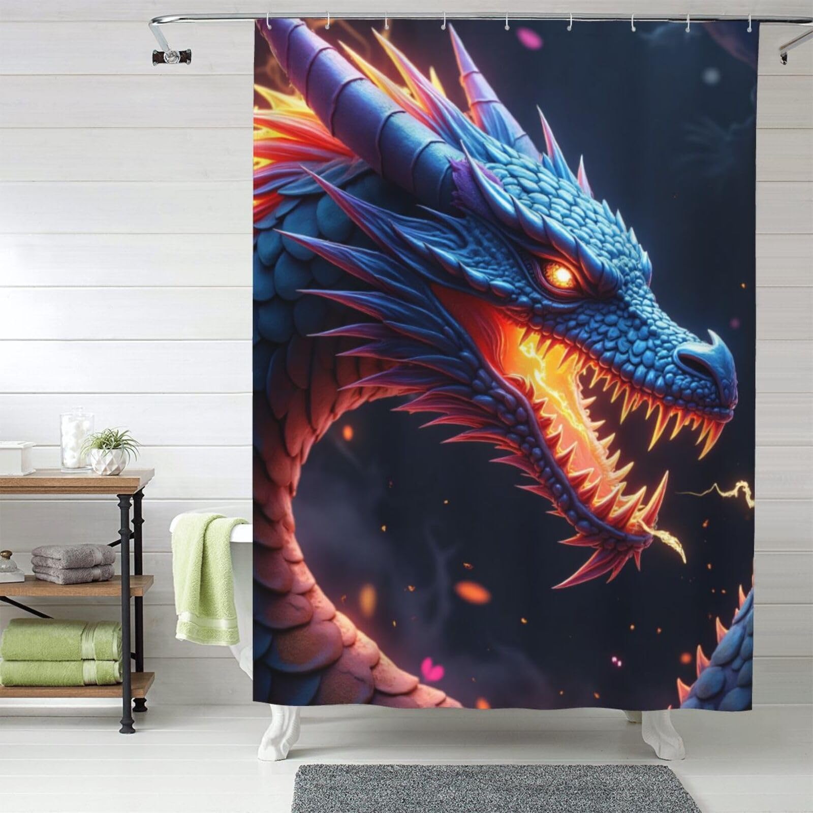 Rideau de douche dragon bleu en tissu résistant pour décorer une salle de bain zen