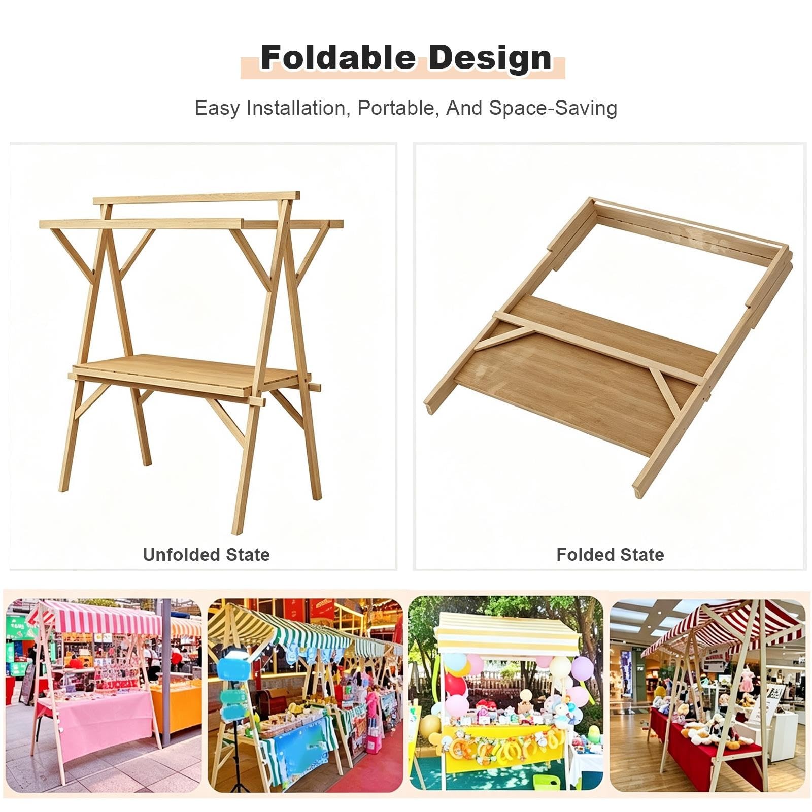 Carrello Mercato Pieghevole in Legno con Ruote | Tavolo Espositore Pieghevole per Mercatino con Tettuccio, Stand Portatile per Fiere ed Eventi Esterni(Yellow,120cm/47in)