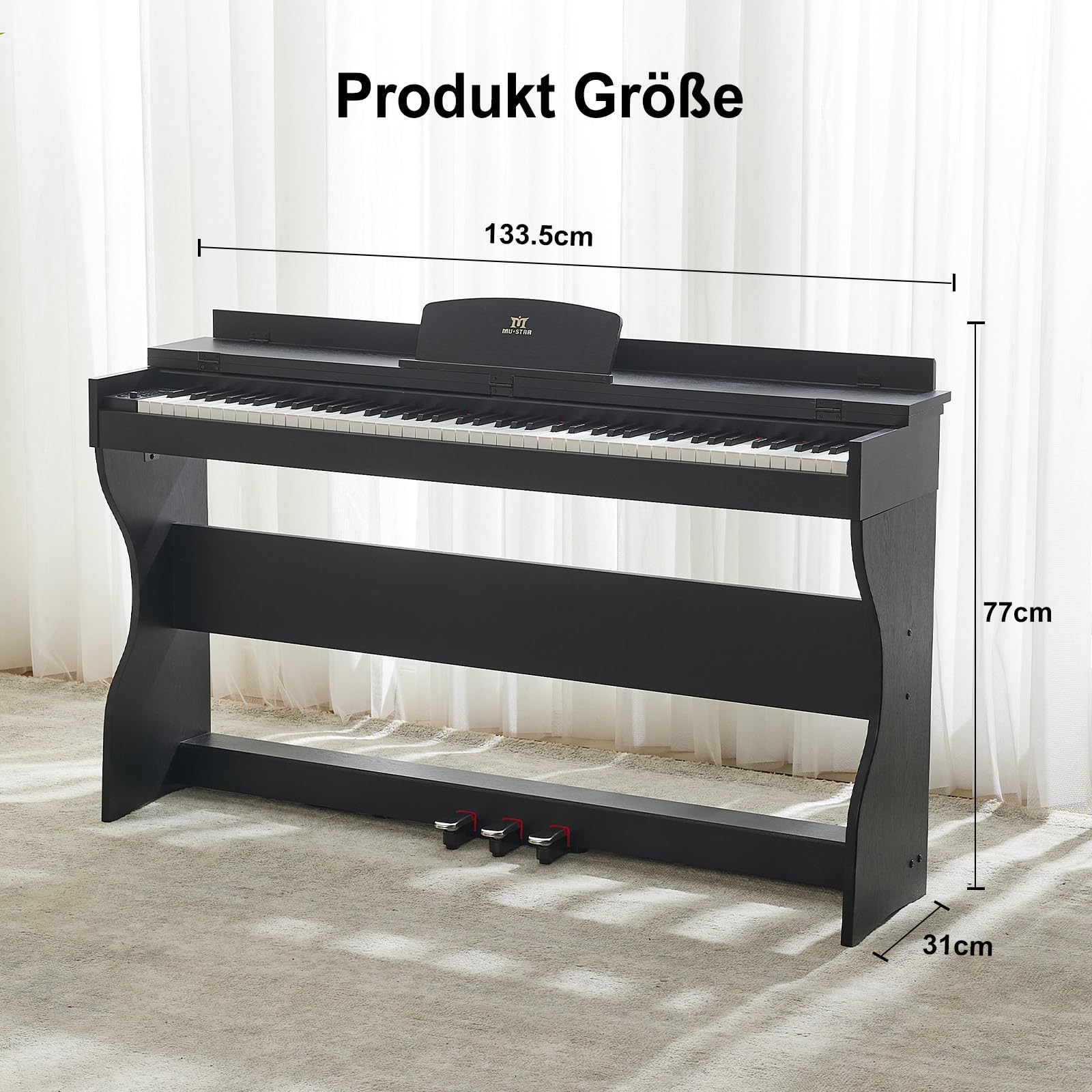 MUSTAR Piano électrique 88 touches, piano numérique, piano électrique avec support de piano, 3 adaptateurs de pédale, 2 prises casque, écran LCD, USB/MIDI, piano pour débutants, Noir | Piano numérique pour débutants avec touches lestées, double prise casq