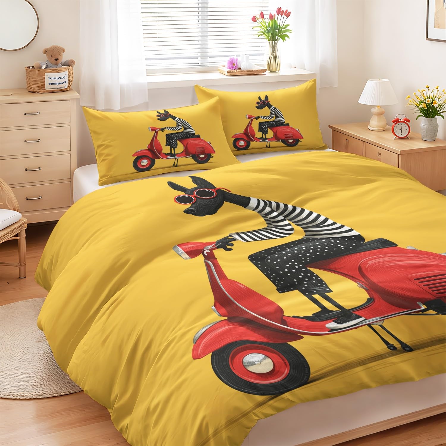 Copripiumino da 180 x 200 cm, di alta qualità, colore giallo senape, resistente al colore, motivo cane nero, scooter, occhiali da sole, libro per bambini, ragazzi e adulti