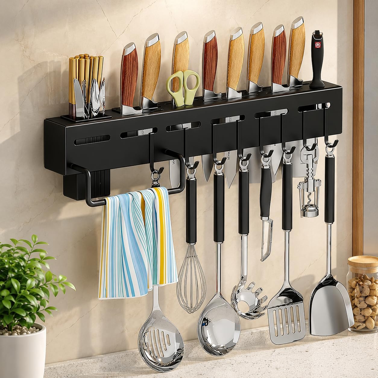 sr plastic kitchen shelf wall mount knife holder,towel hanger, spatula ladle hanging hooks, multi-purpose wall mount kitchen rack, cutlery stand for kitchen countertop forks, spoon holder (black)