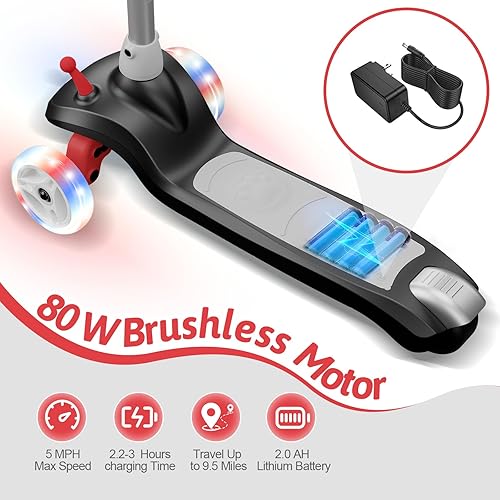 Miniatura 4 de Patinete eléctrico para niños, ruedas con luz LED, 3 alturas ajustables, mango en forma de C, diseño de dirección inclinada, scooter de 3 ruedas