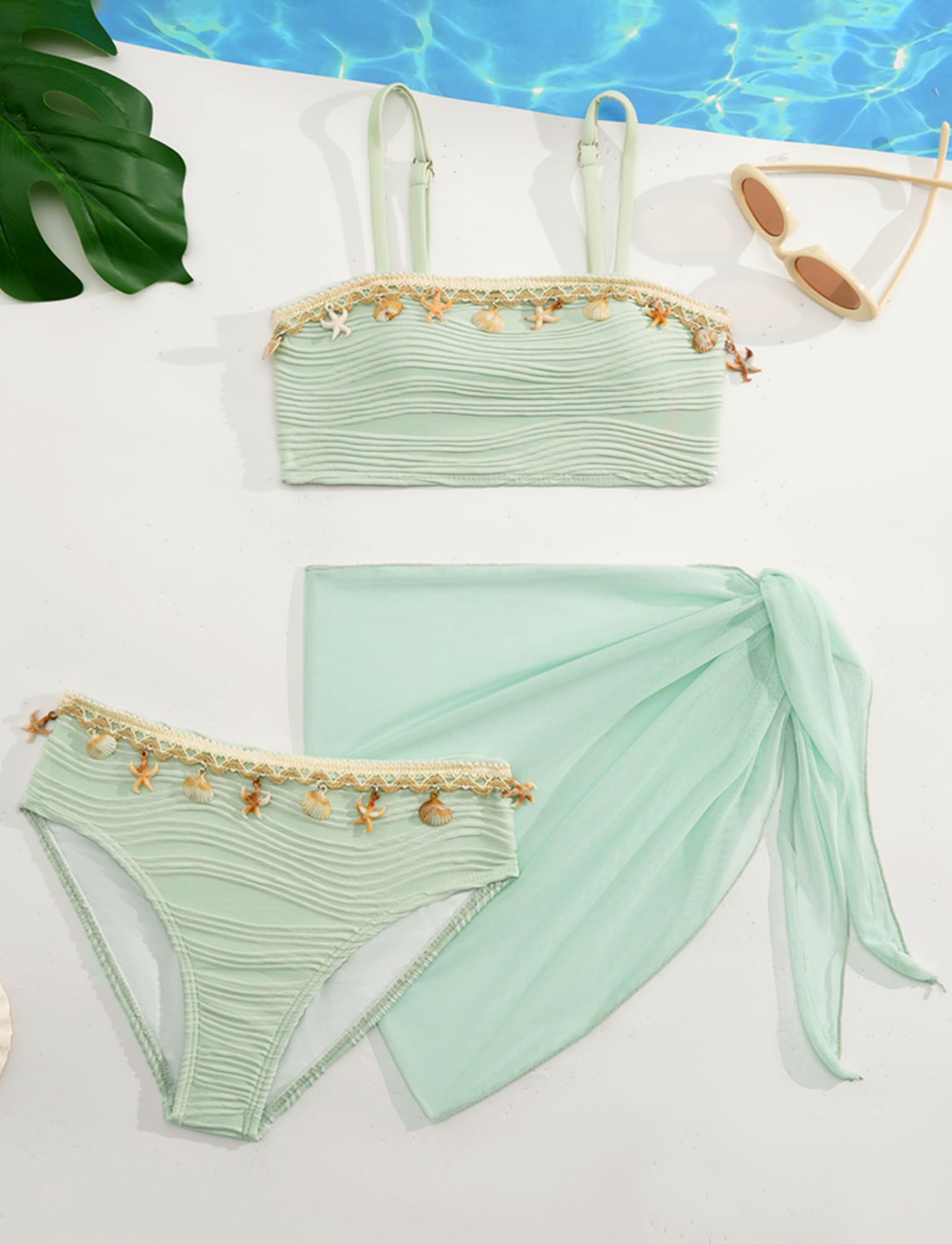 SEAUR Fille Ensemble Bikini avec Jupe 3 Pièces Maillot de Bain Mode Coquille Bikini Set Enfant Été Plage Piscine 8-12 Ans