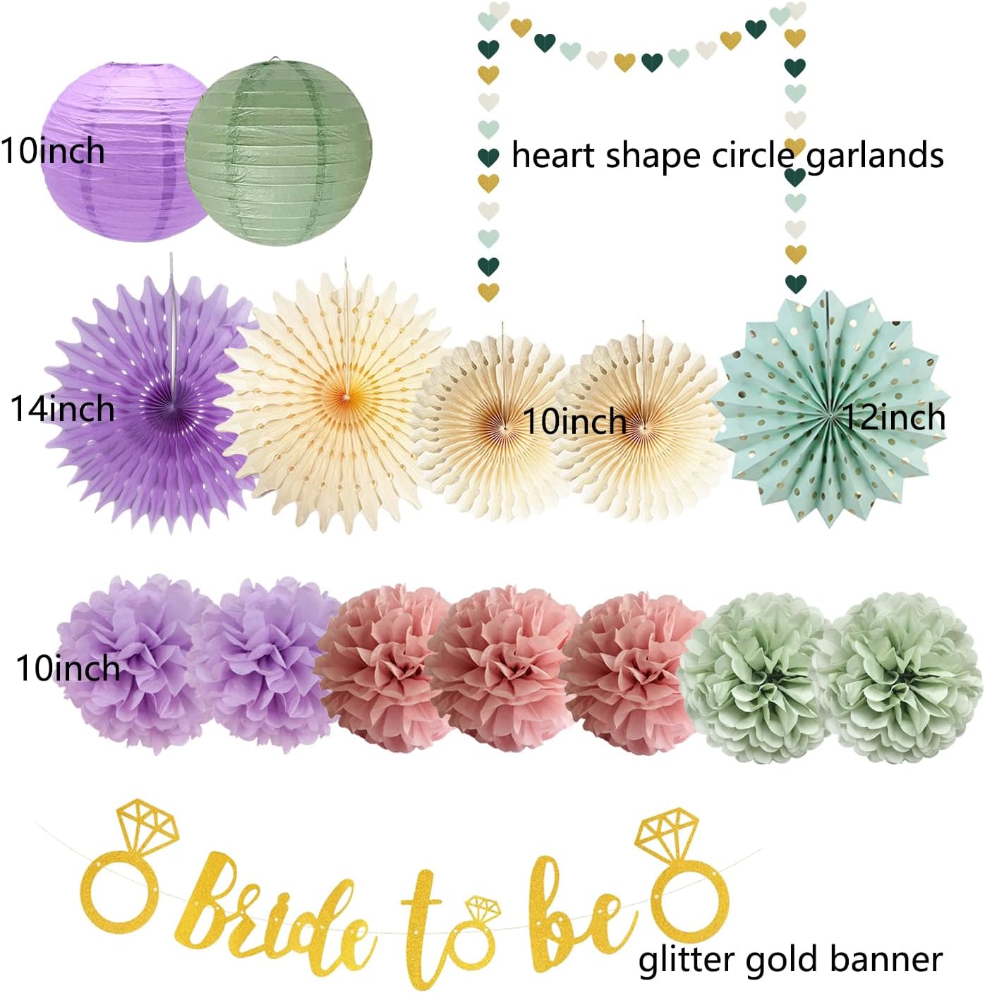 Sage Green and Purple Bachelorette Party Decorations Dusty Pink Bride to Be Party Decoration Sage Light Purple Blush Pink Tissue Pom Poms Paper Lanterns Paper Fans for Wedding Bridal Shower Decoration - Image 6