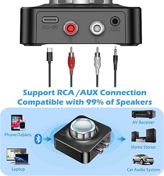 KAIY Bluetooth Receiver for Home Stereo Bluetooth to RCA Adapter