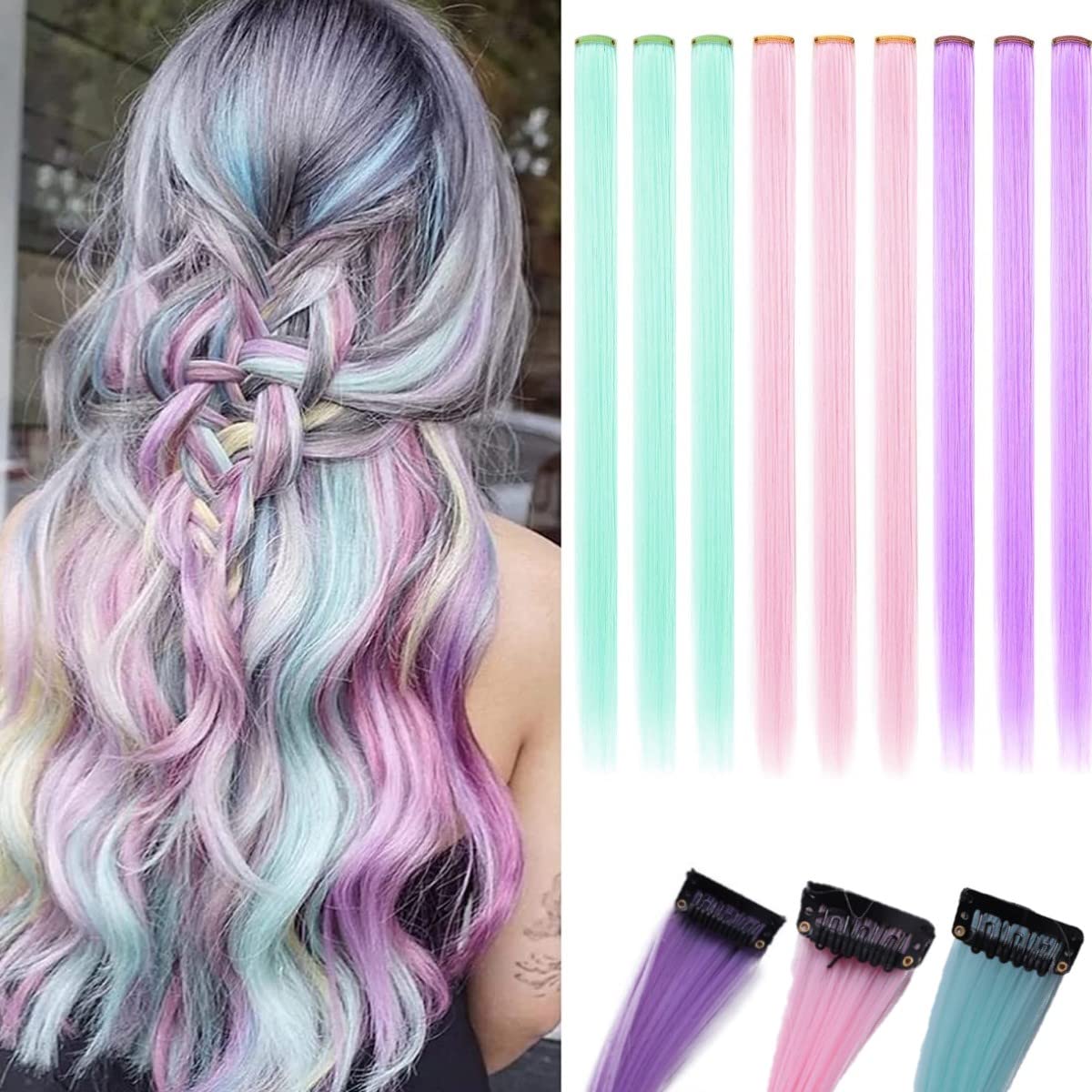 Beamely 14 extension per capelli con clip, colorate, parti di capelli, lisce e lunghe, sintetiche, resistenti al calore, per feste, accessori per capelli per ragazze (55,9 cm) (14 pezzi, viola misto