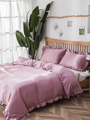 Miniatura 2 de Juego de funda de edredón sedosa de satén similar a la seda, color rosa rubor con estampado de satén con volantes rosados, 1 funda de edredón y 2