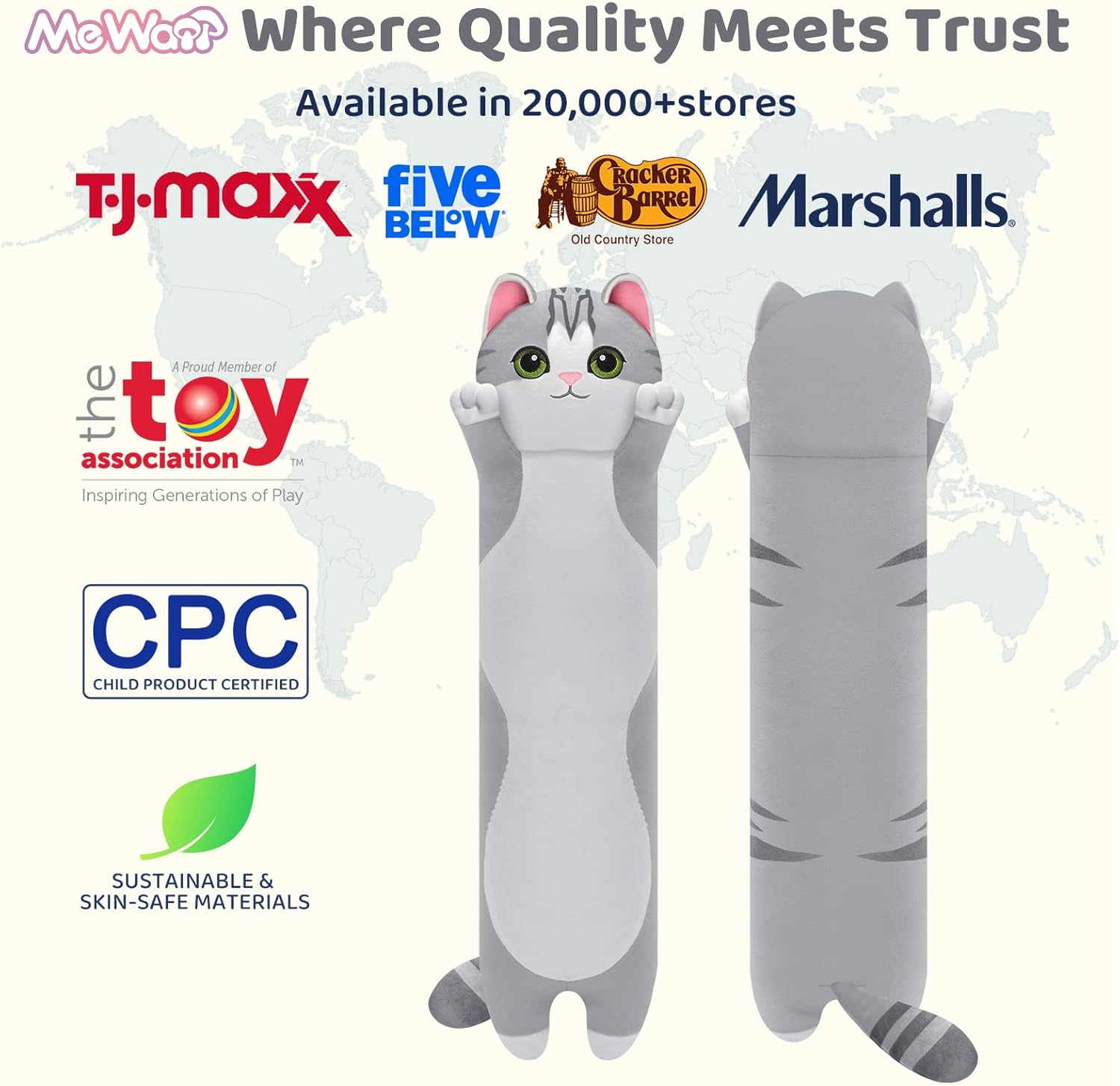 Mewaii Artist-Designed Ultra Soft Long Cat Plush Body Pillow, Extra Stuffing for Comfort, Premium Quality Stuffed Animal Gift for Girlfriend or Cat Lovers (Grey Body Pillow 44 Inch)