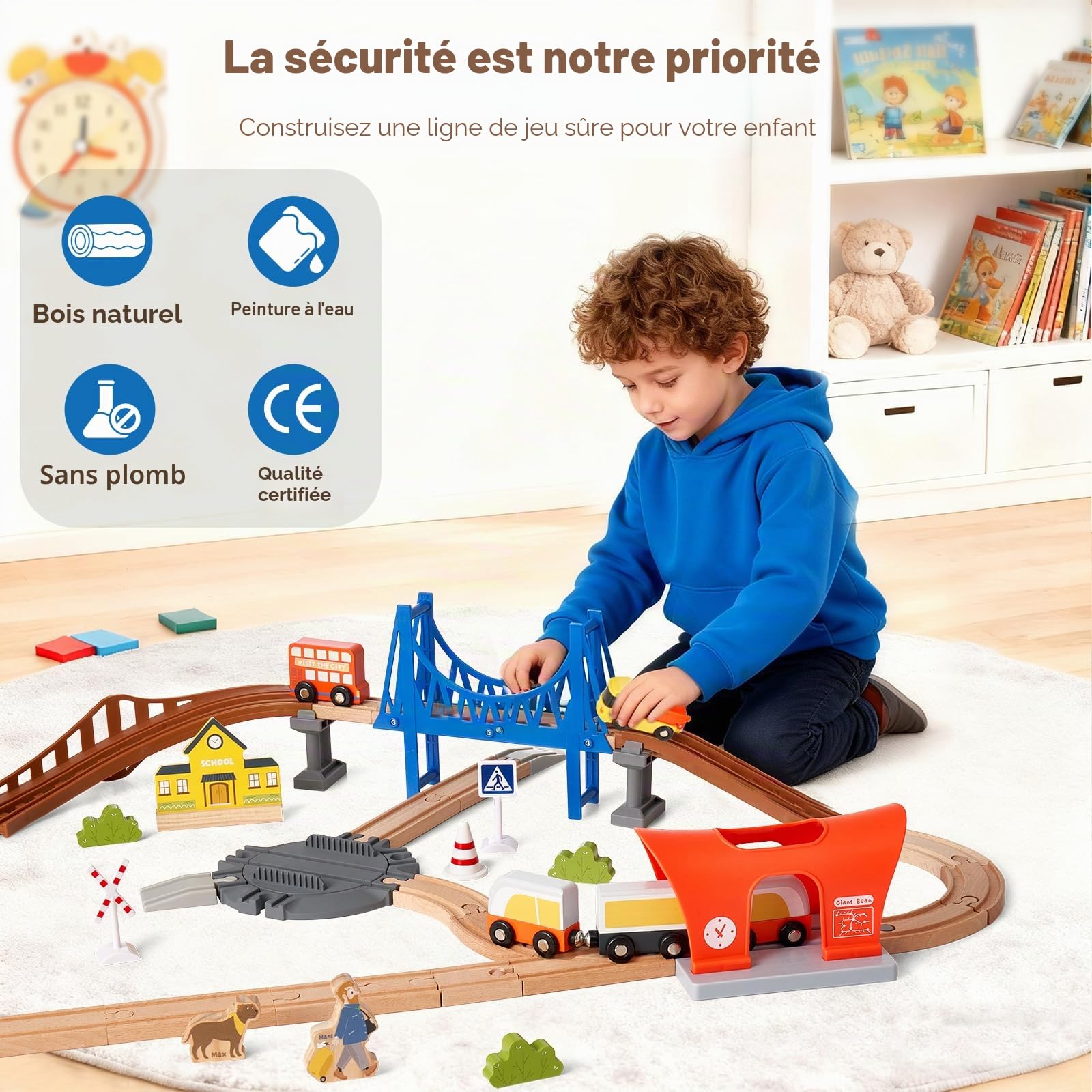 Kit de Rails en Bois « Train Urbain Moderne » – Système de Train à Jouets pour Voitures, ponts, grues, quais et Plus Encore – Ensemble de 94 pièces de Train en Bois à partir de 3 Ans (Rails de métro)