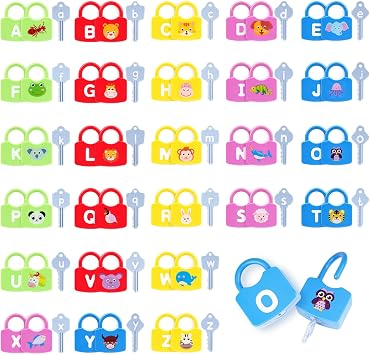 AXEARTE Montessori Educational Toys - Alphabet Learning Locks and Keys for Toddlers - 26 Locks & Keys Set - Baby Sensory Fine Motor Skills Toys - ABC Locks and Keys