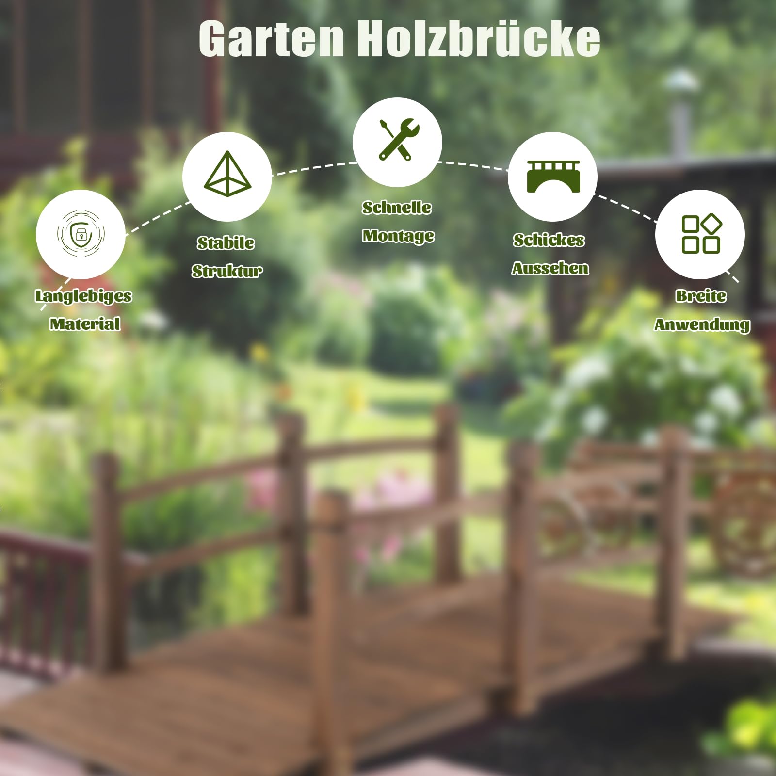 SOARS Holzbrücke mit Geländer, Gartenbrücke aus Fichtenholz, stabile Teichbrücke bis 150 kg belastbar, 171,5 × 75,5 × 58 cm, Zierbrücke begehbar, Dekobrücke für Garten, Teich & Bach