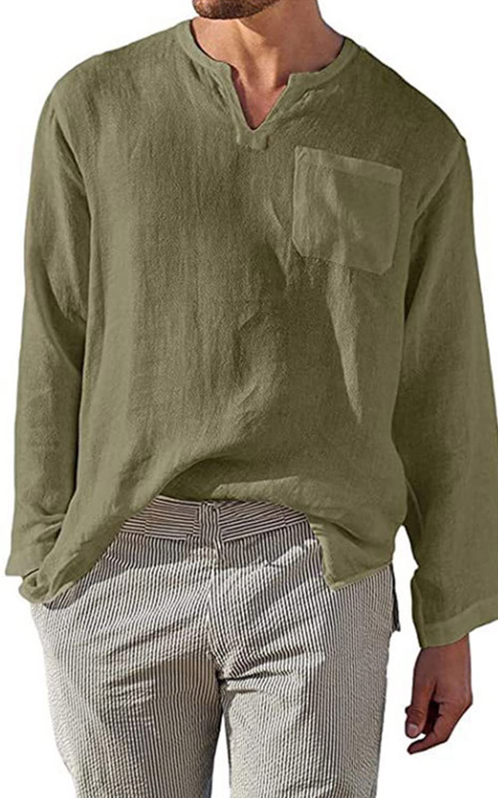 MakingDa Camisas Henley de algodón y Lino con Bolsillo en el Pecho para Hombre, sin Cuello, Manga Larga, Camisa Casual de Verano, Ejercito Verde, XXL