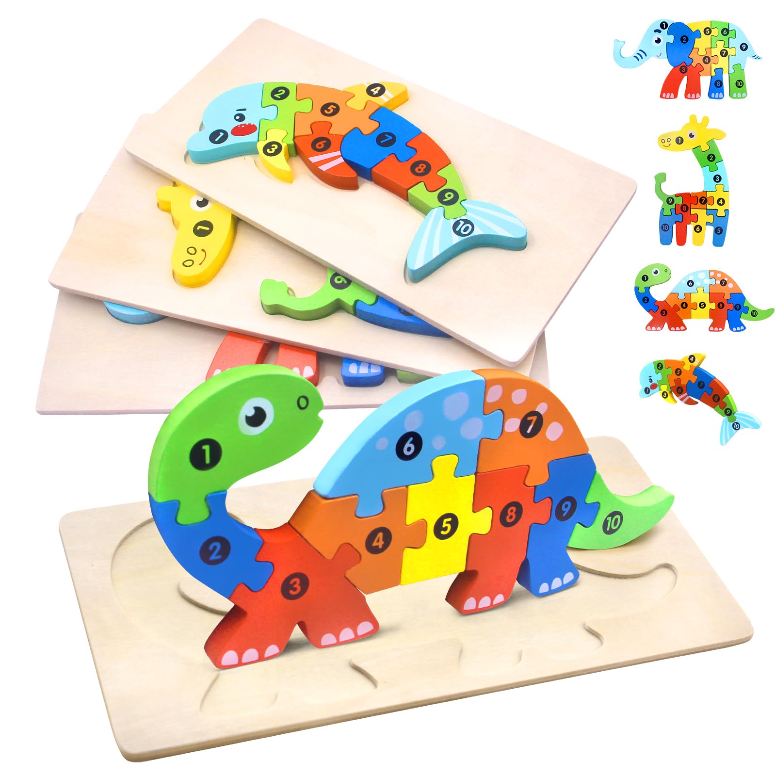 HOVIBU 4 Piezas Puzzle Madera para 1 2 3 Años, Rompecabezas de Animales Montessori Juguete, Puzzles de Madera Educativos, Regalos de Cumpleaños de Navidad para 1 2 3 Años Niños Niñas