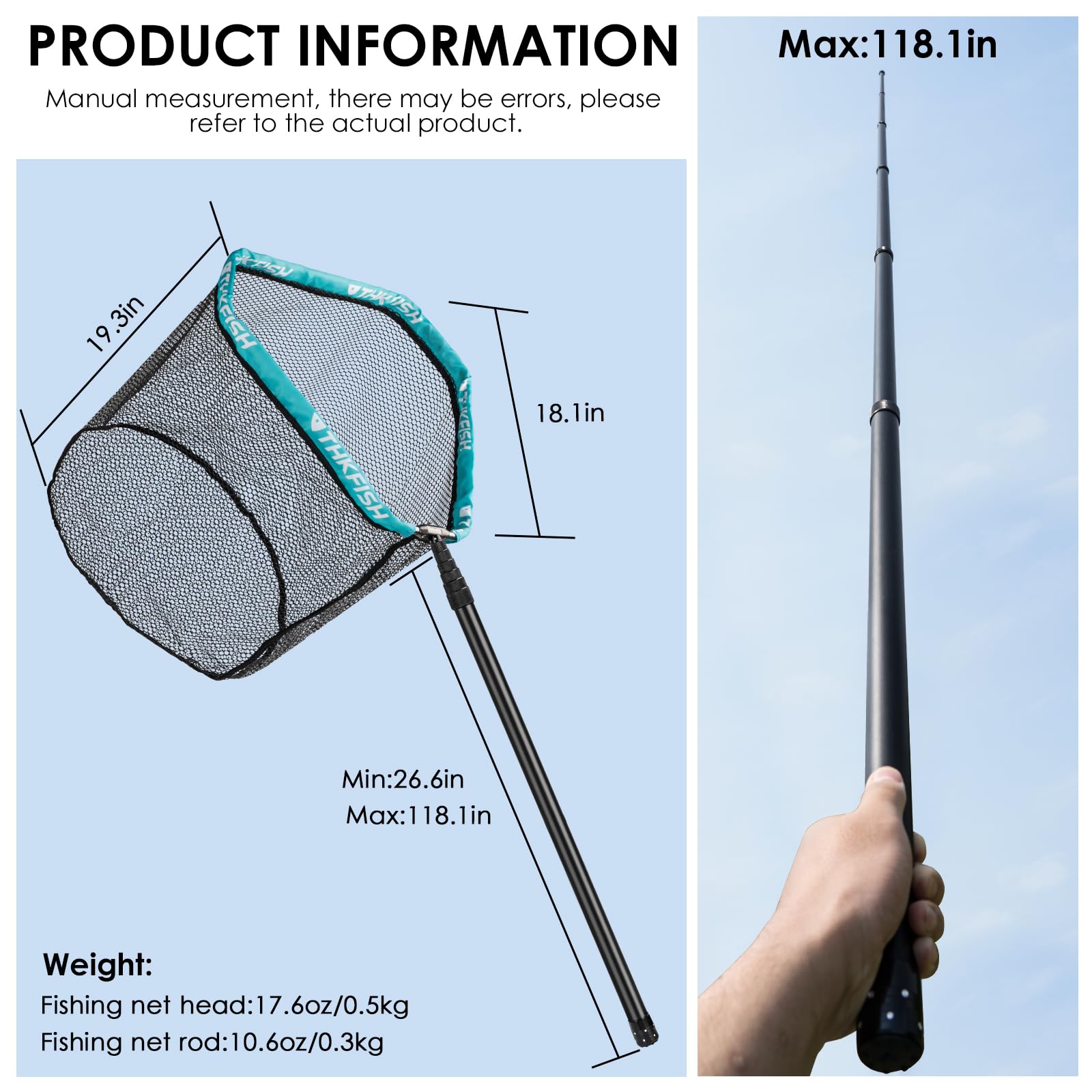 THKFISH Épuisette de pêche en fibre de carbone – Long manche – Épuisette télescopique portable – 68,6 à 495,1 cm – Cadre en maille d'aluminium avec revêtement en caoutchouc