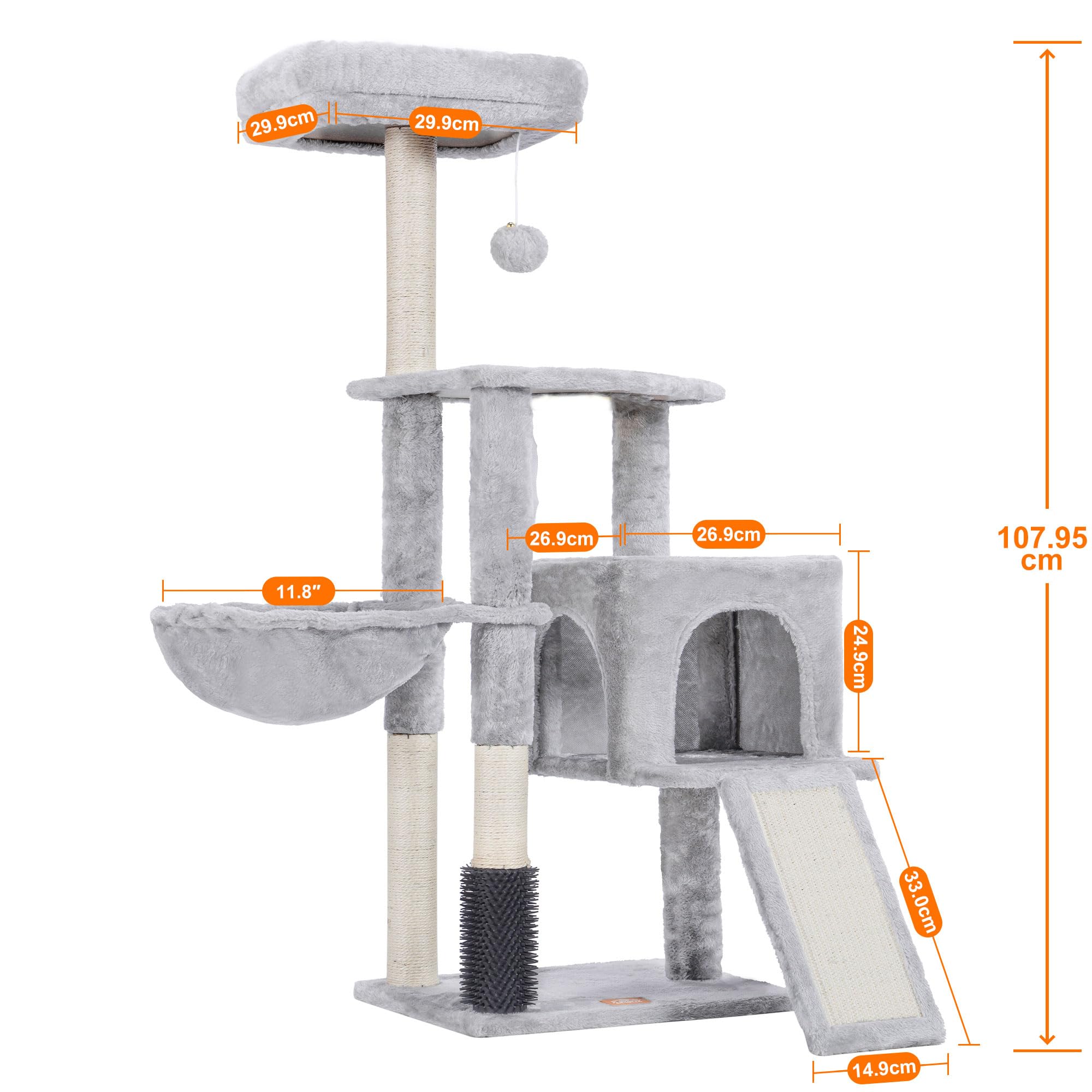 Heybly Rascador para Gatos, El Cepillo de Autolimpieza, El Árbol para Gatos Domésticos, con Peluche Liso, Silla de Descanso, Nido de Gato con Panel y Postes de Raspado, Gris Claro HCT005SW