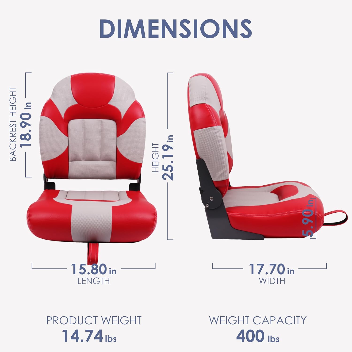 Deluxe High Back Boat Seat, Fold-Down Fishing Boat Seat Grey/Red